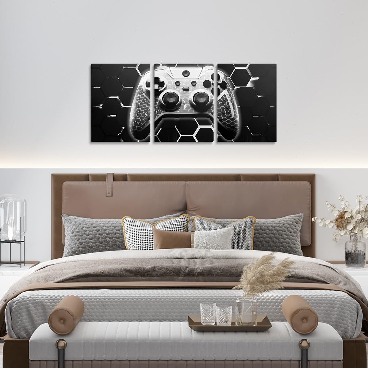 Manfei Toile murale à 3 panneaux – Impressions sur toile de peintures à thème manette de jeu géométrique – Affiches d'œuvres d'art pour salon, chambre à coucher, jeux vidéo – Affiches pour décoration