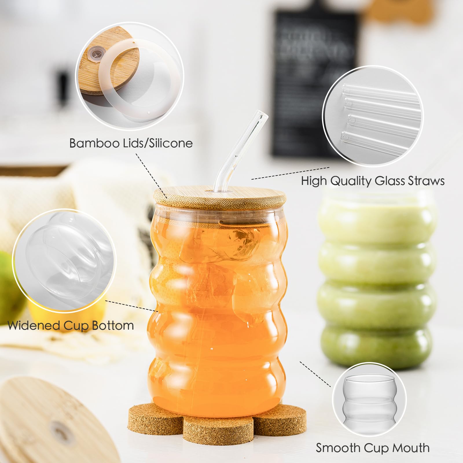 Geribbelde drinkglazen, 4 stuks Geribbelde drinkglazen met glazen rietjes, 350ml ijskoffieglazen met borstel, Wave Tumbler, bierglazen, voor cocktail, melk, water, frisdrank, smoothie