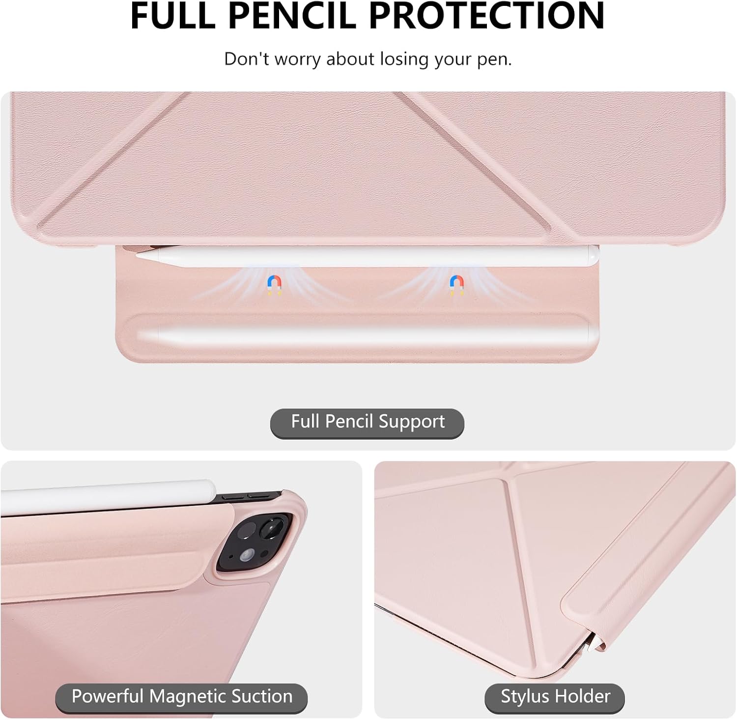 Magnetic Case for iPad Pro 11 Inch 2024 5th Generation (M4): Slim Multi - Angle Stand Protective Cover with Pencil Holder and Auto Wake/Sleep (Pink) - Image 5