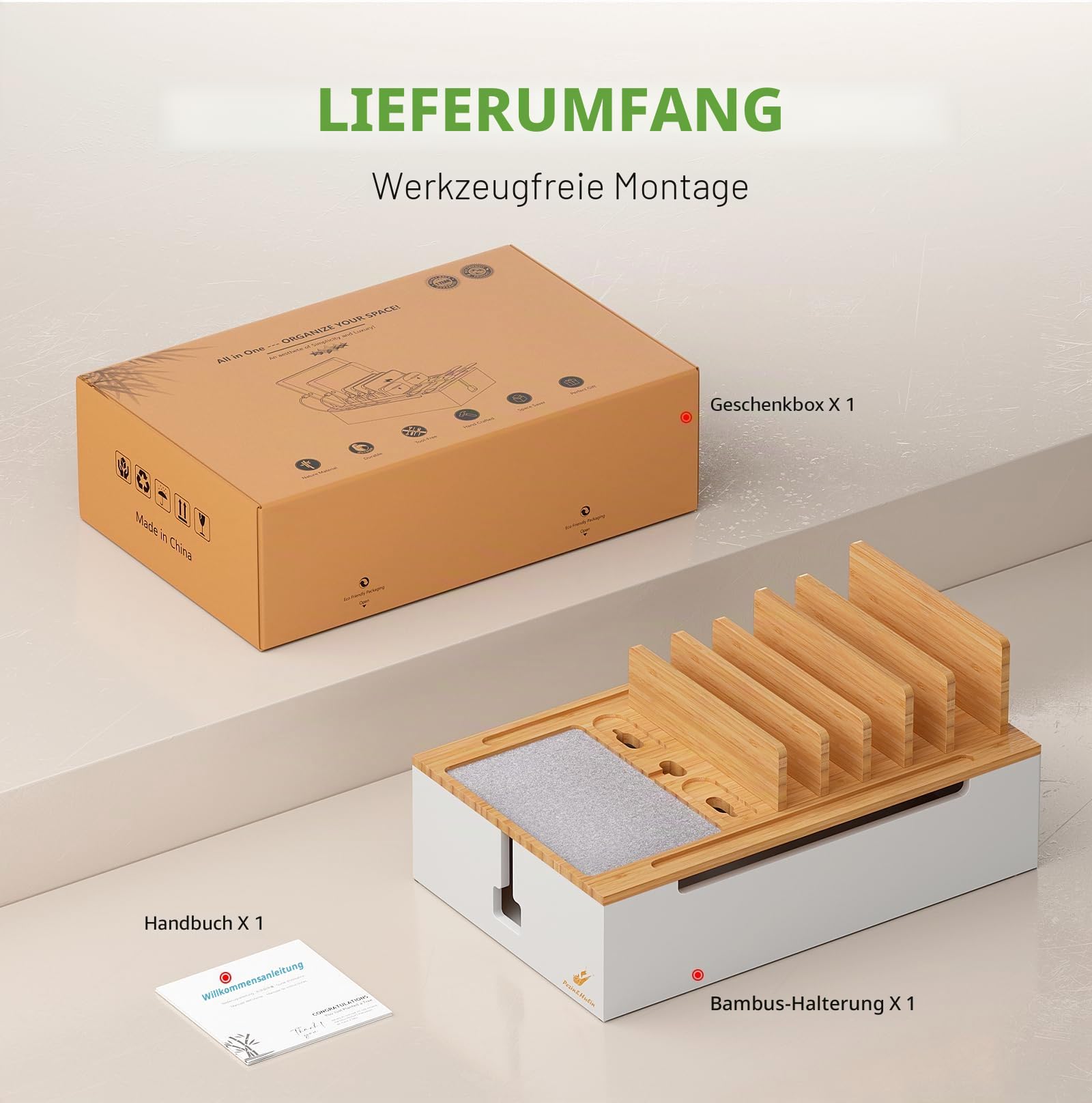 Pezin & Hulin Bambus Ladestation für mehrere Geräte Natur+Weiß | Organizer für elektronische Geräte für Handy, Tablet, Uhr und mehr (ohne USB-Ladegerät und Kabel)