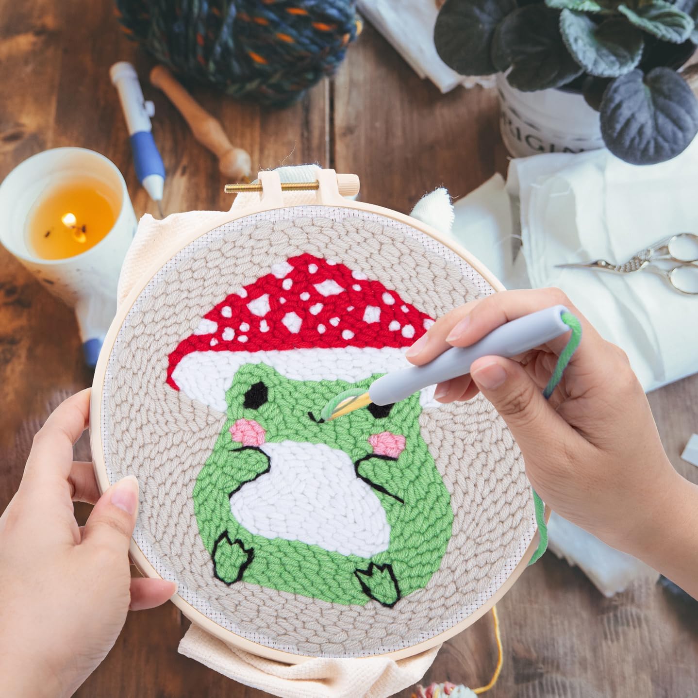 Louise Maelys Beginners Punch Needle kit,Embroidery Starter Kits for Adults,Rug Tool,Cross Stitch Including Handle Pen,Cloth,Hoop,Threads and Instruction-Mushroom Frog Pattern