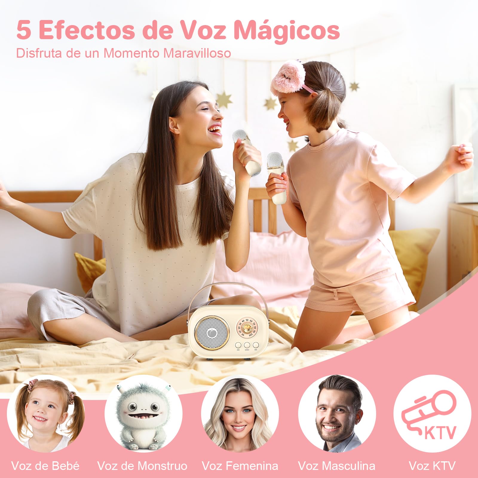 Mini Máquina de Karaoke para Niños Adultos,Altavoz Bluetooth Portátil con 2 Micrófonos Inalámbricos, Regalos Juguetes para Niñas 3, 4, 5, 6, 7, 8+ Años Cumpleaños Fiesta Familiar en Casa-Beige