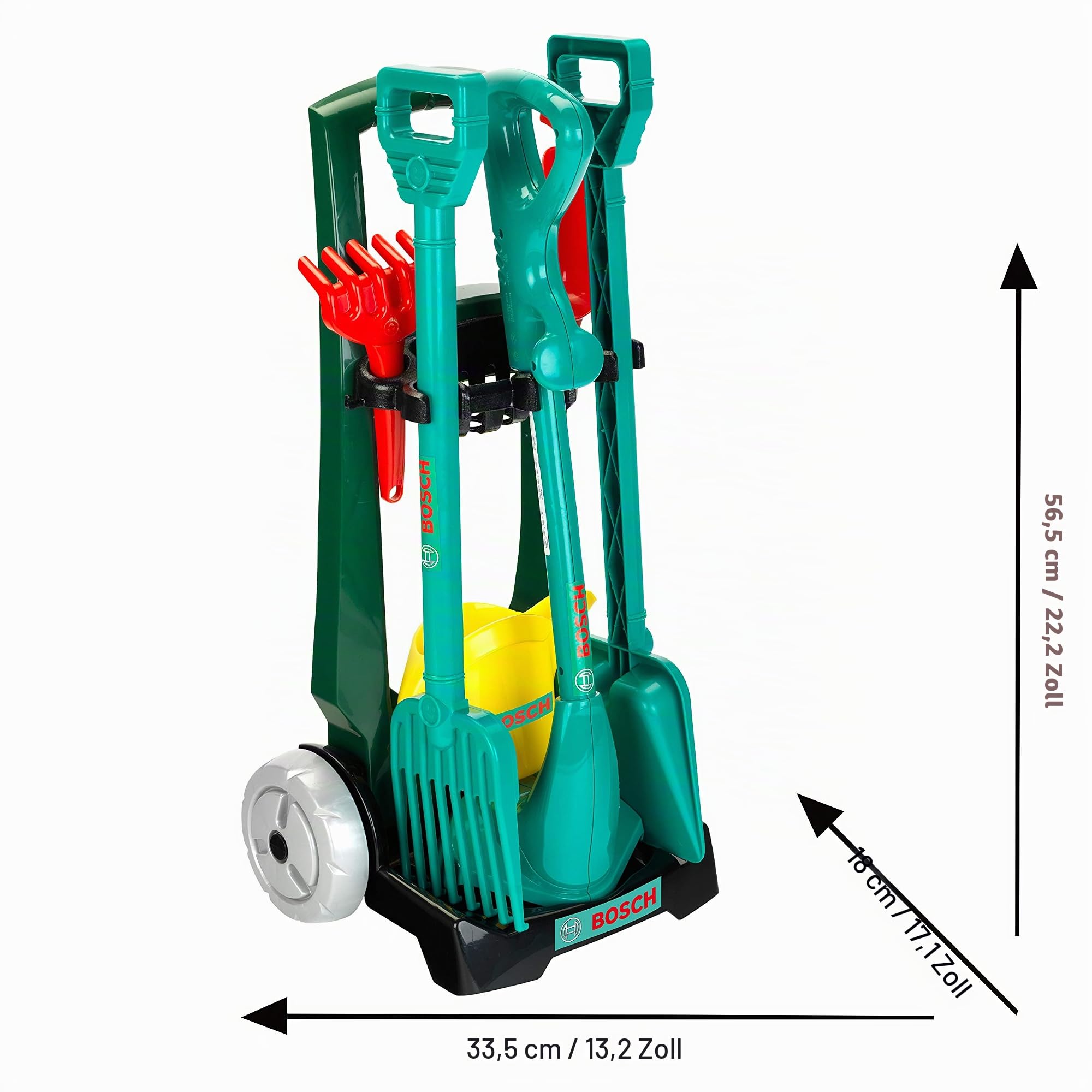 Theo Klein 2751 Bosch Garten 7-teiliger Gartenwagen I Set mit hochwertigen Garten-Geräten für Kinder I Inkl. Rasentrimmer u.v.m. I Anti-UV I Spielzeug für Kinder ab 3 Jahren