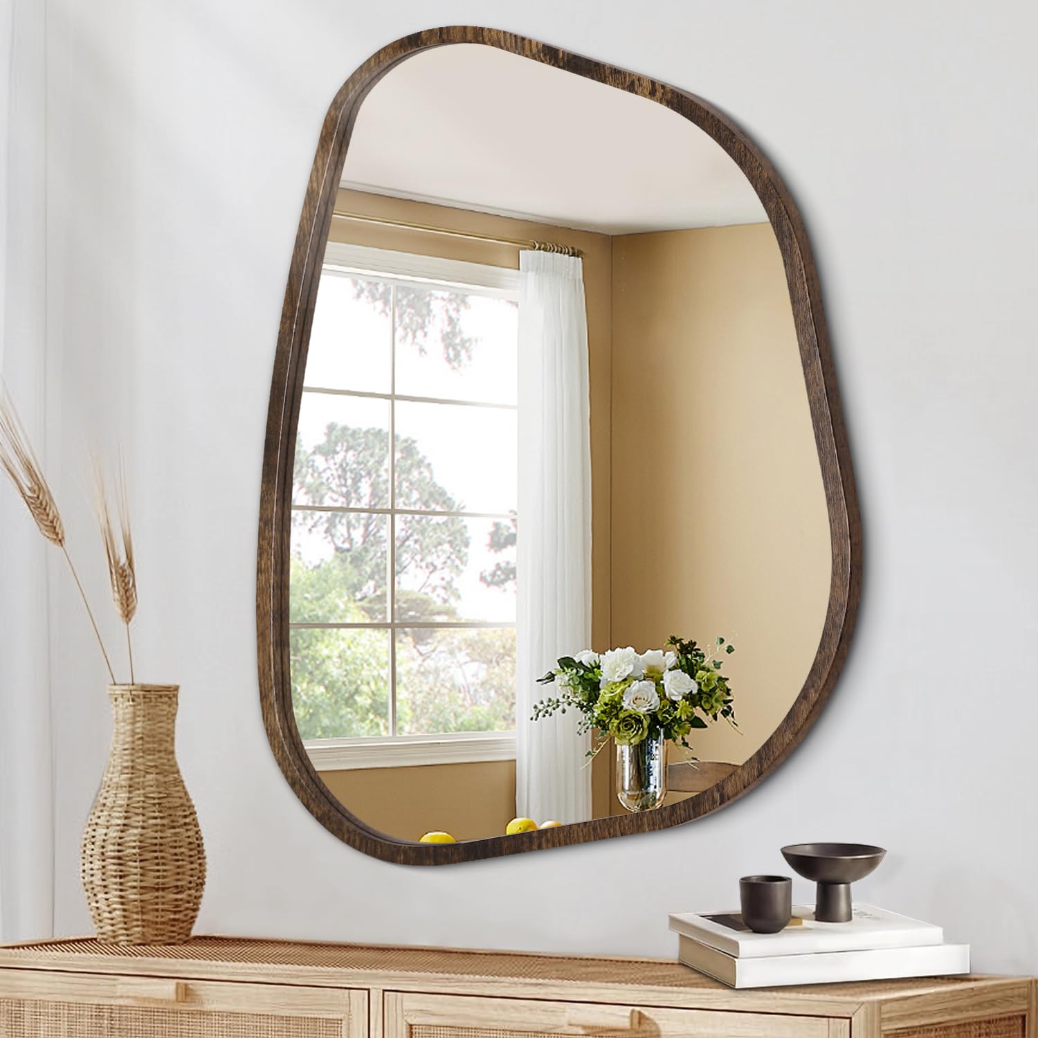 HLFMVWE Asymmetrical Mirror Irregular Wall Mirror Modern Wood Frame Unique Shape Wall Mounted Vanity Oval Decorative for Living Room Bedroom Bathroom Entryway Hallway 50 x 40CM — image 1