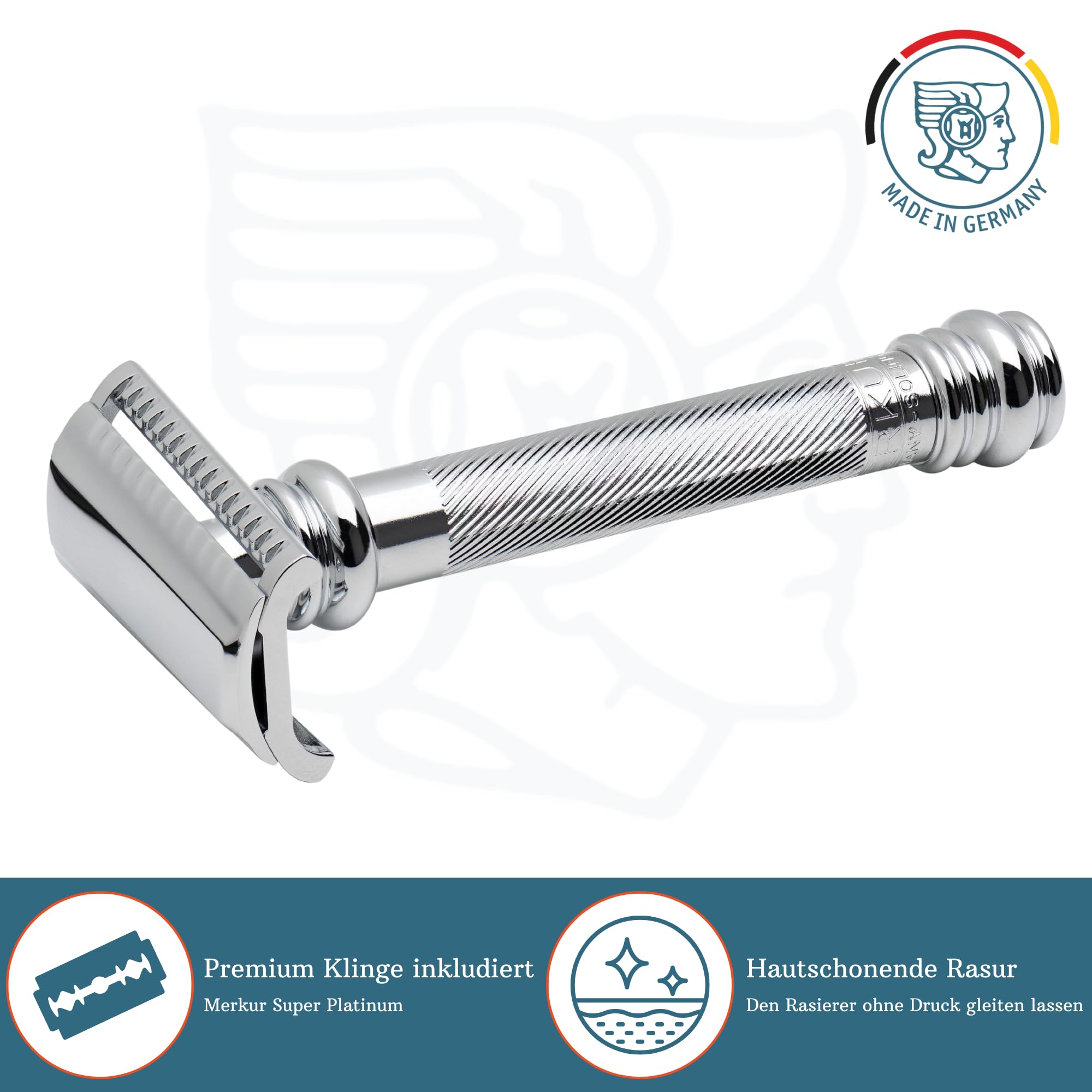 MERKUR Rasierhobel 39C | Barber Pole Schrägschnitt Glanzchrom | Zweiteiliger Rasierer mit schrägem Schnitt | Geschlossener Kamm | Ideal für Nassrasur | Messing Griffstück | Made in Germany
