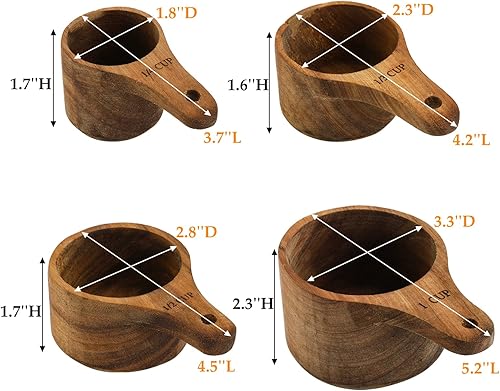 Miniatura 2 de Lyellfe Juego de 4 tazas medidoras de madera de acacia, herramienta de medición de cocina apilable con asa, juego de medición para hornear y