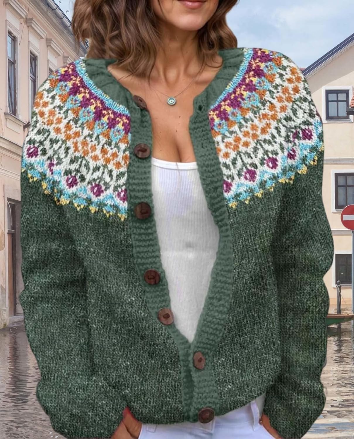 Women's Fair Isle Pattern Knit Cardigan Sweater Vintage Button Down Open Front Jacket Coat for Fall & Winter 2025 - Image 2