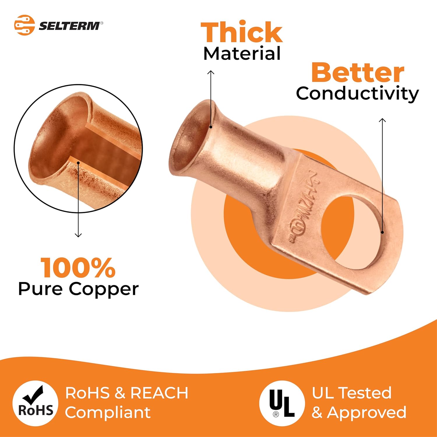 SELTERM 25pcs 1 AWG 1/2" Stud Battery Lugs, Ring Terminals, Heavy Duty Copper Wire Lugs, Battery Cable Ends, 1 Gauge Ring Terminal Connectors, UL Bare Copper Eyelets Electrical Battery Cable Lugs