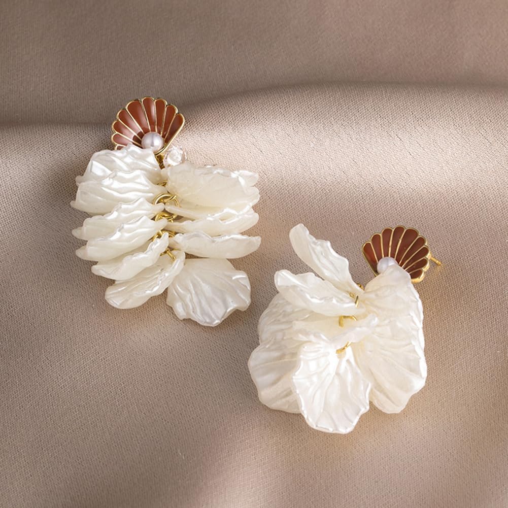 White Flower Seashell Dress Women Earrings Dainty Large Sea Shell Floral Dangling Earring Coastal Beach Tropical Statement Bohemian Jewelry Hawaii Gifts - Image 5