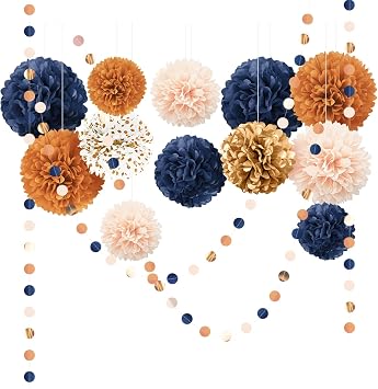 AOBKIAT Pack of 15 Wedding Decoration Autumn Party Decoration Navy Blue Orange Silk Pompoms for Thanksgiving, Round Paper Garland, Paper Flowers for Vintage Theme, Wedding, Birthday, Bridal Shower