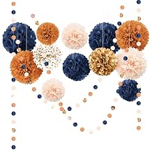 AOBKIAT Pack of 15 Wedding Decoration Autumn Party Decoration Navy Blue Orange Silk Pompoms for Thanksgiving, Round Paper Garland, Paper Flowers for Vintage Theme, Wedding, Birthday, Bridal Shower