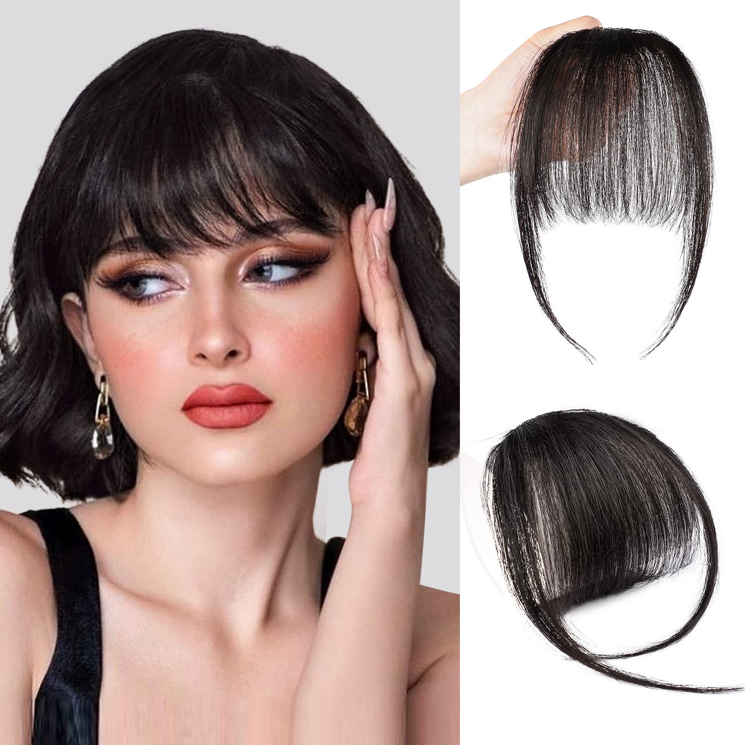 Clip in Bangs, 100% Human Hair Bangs Hair Clip on Bangs Wispy Bangs Hairpieces Air Bangs Hair Clip Flat Bangs Curved Bangs for Daily Wear (Natural Black)