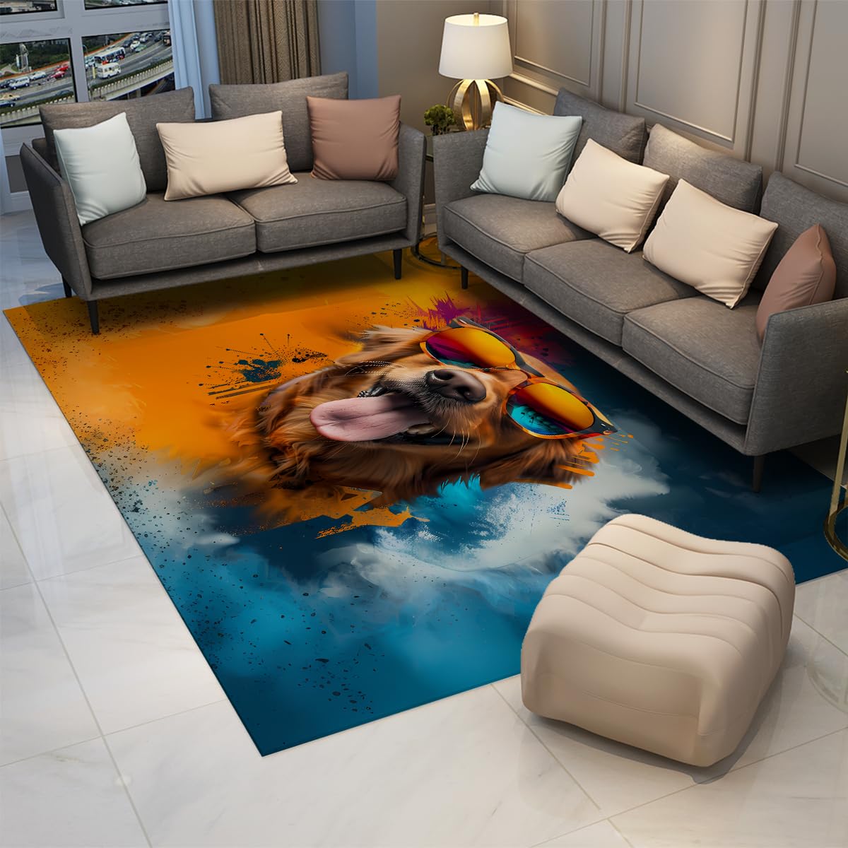 Żywy dywan kuchenny dla psa, 140 x 200 cm, szczęśliwe zwierzę domowe z okularami przeciwsłonecznymi, mata podłogowa, nowoczesna dekoracja mieszkania, nadaje się do prania, antypoślizgowy