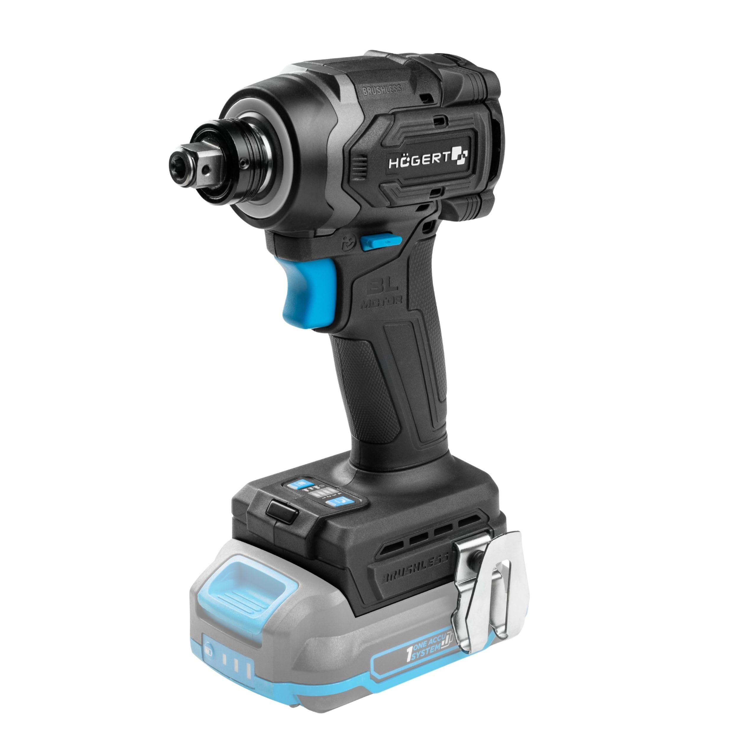 Högert Technik Llave de Impacto a Batería 18V OneAccuSystem, motor sin escobillas, 230 Nm, atornillador de impacto 2 en 1, 1/4" HEX y 1/2" cuadradillo, para taller y montaje, sin batería