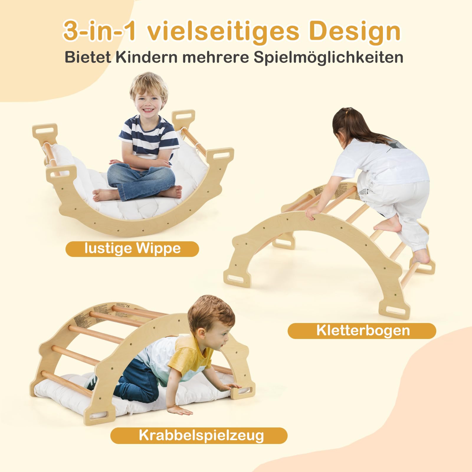 DREAMADE 2 in 1 Kletterbogen mit Kissen, Bogenwippe aus Holz, Holzwippe zum Klettern, Klettergerüst Indoor Kletterdreieck für Kinder ab 3 Jahren (Natur)