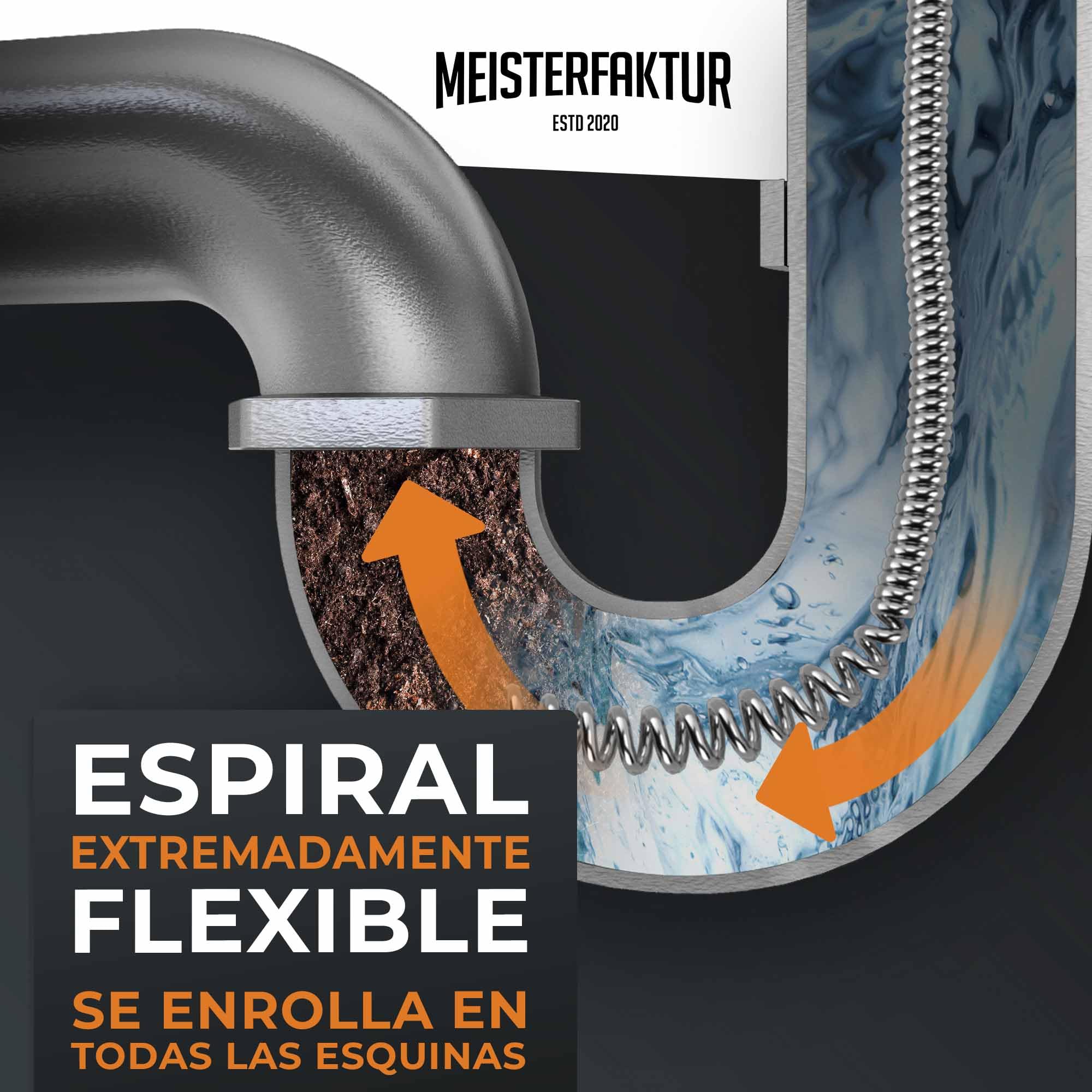 Meisterfaktur Desatascador Tuberias 3.0 [15 m] - muy Larga - Espiral para Desatascar Tuberias para Atascos Graves y Difíciles - ¡Limpiador de Desagües y de Tuberías para Aficionados al Bricolaje!
