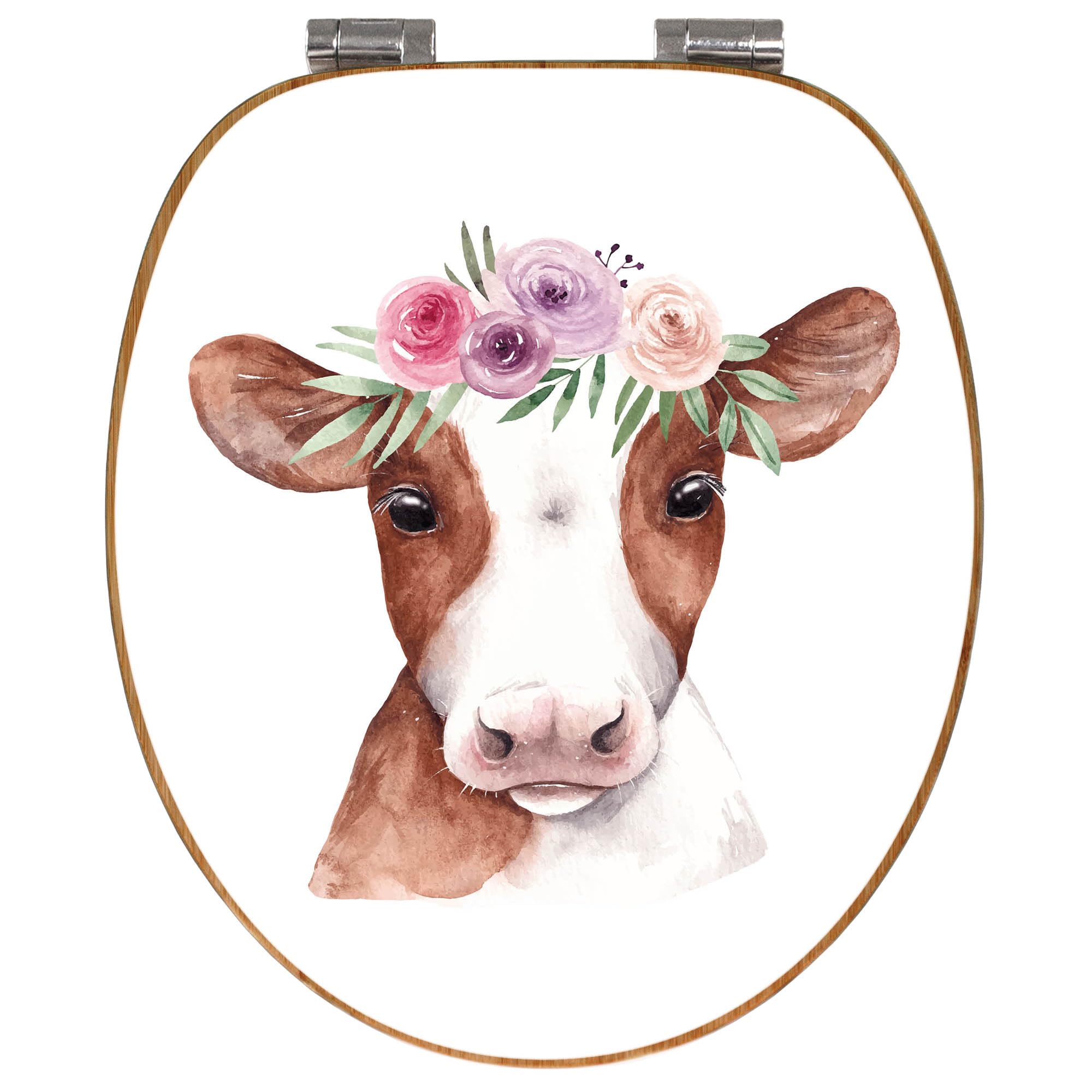 banjado Design WC Sitz Bambus Absenkautomatik 45,8x37,5cm - Toilettendeckel mit Absenkautomatik Holz - hochwertiger Bambus Klodeckel - WC-Sitz für gängigen Toiletten - Motiv Kuh mit Blumenkrone