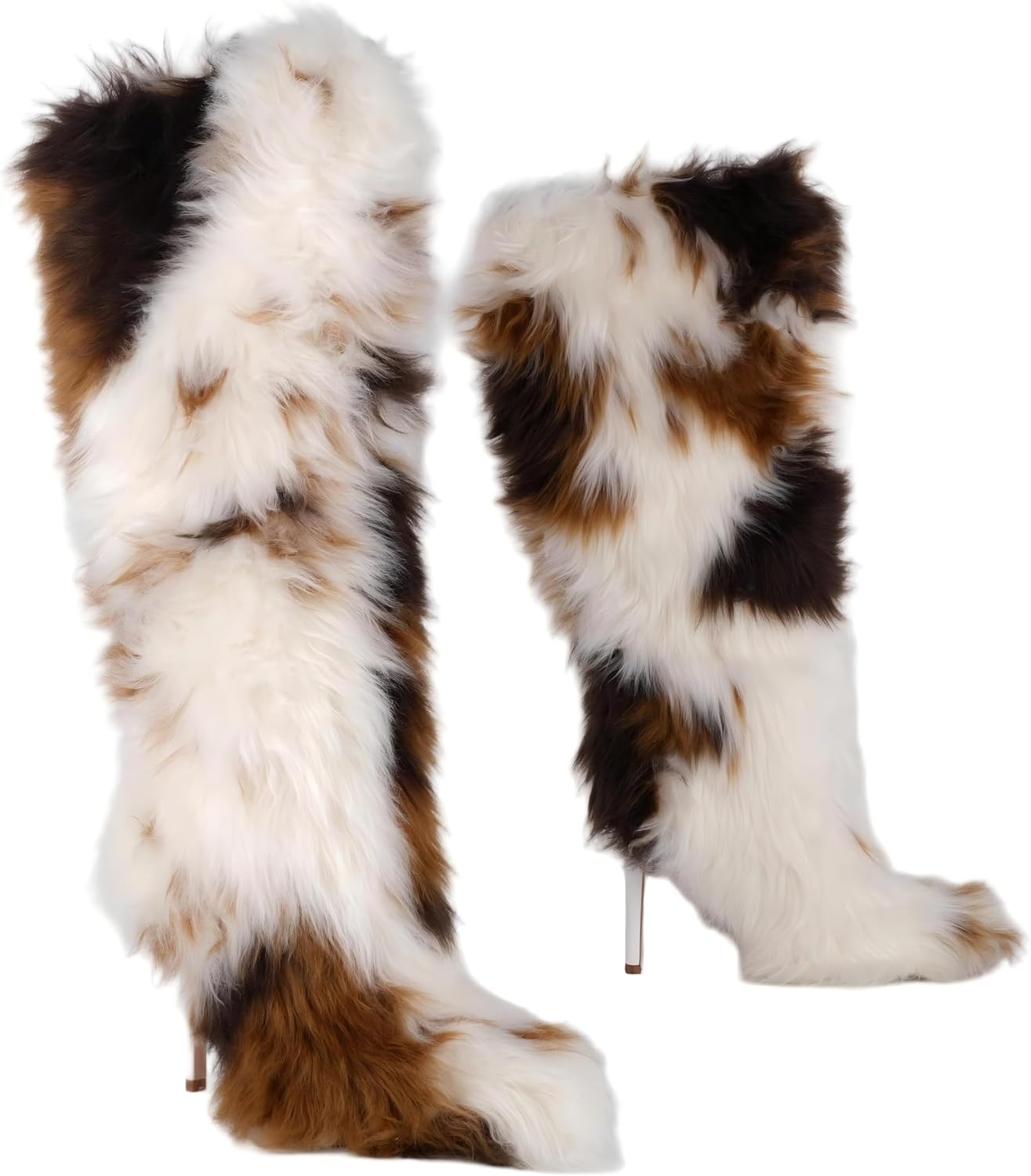 Fur Boots Furry Knee High Pointed Toe Stiletto High Heels Winter Long Tall Fur Boots - Image 4