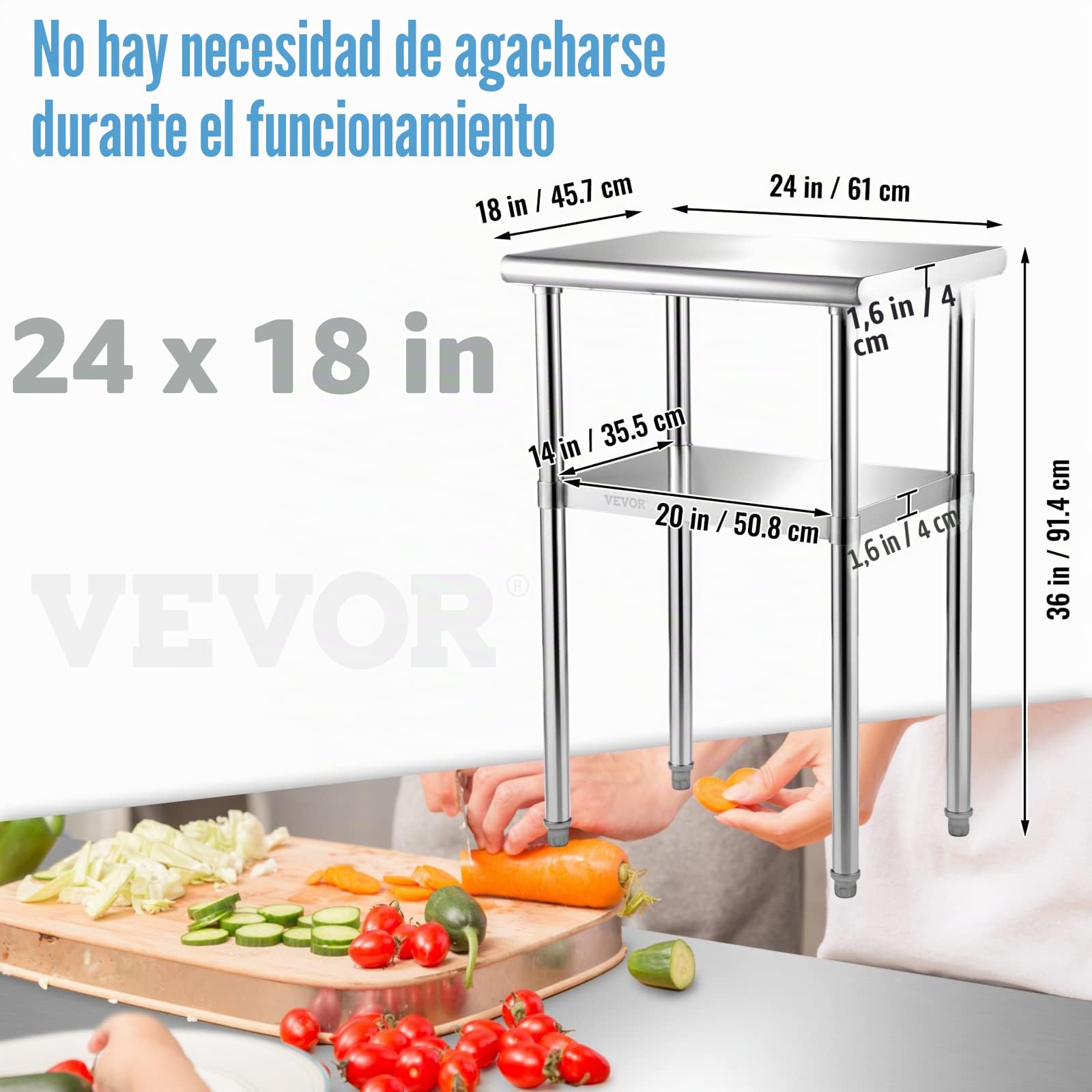 VEVOR Mesa de Trabajo de Acero Inoxidable 61 x 46 x 91 cm Mesa de Preparación de 2 Niveles Carga de 272,4 kg Mesa de Cocina Estante Ajustable en Altura para Cocina Restaurante Bar Garaje al Aire Libre