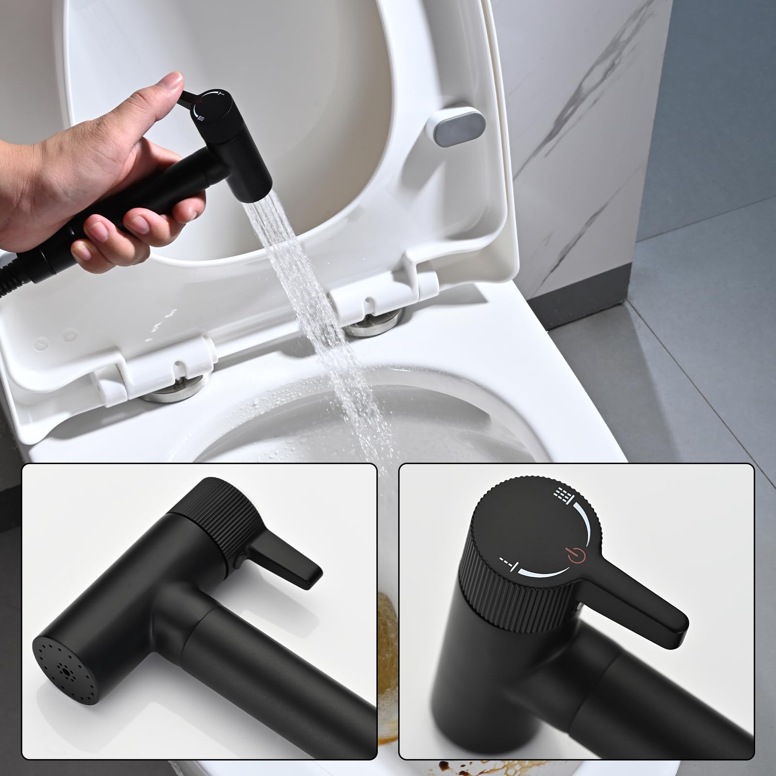 Doccetta per Bidet Nero Spruzzatore per Bidet Ottone Idroscopino per WC, con Spruzzatore a Doppia Funzione in Ottone, 1.2M Tubo Doccia, Staffa