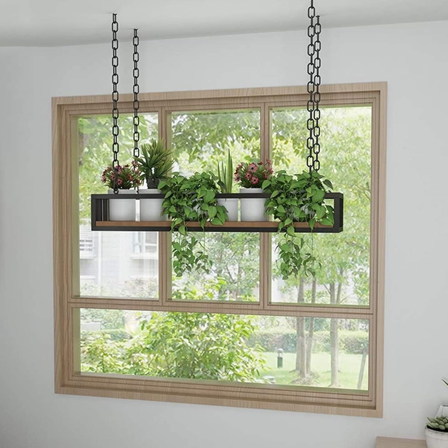 Pot Pan Rack 60 cm Ceiling Hanging Shelf Kitchen Storage Shelving Flower Stand Flower Pot Stand Modern Fashion Creativity, Wood and Metal, Black (Size : 80×25×15cm)