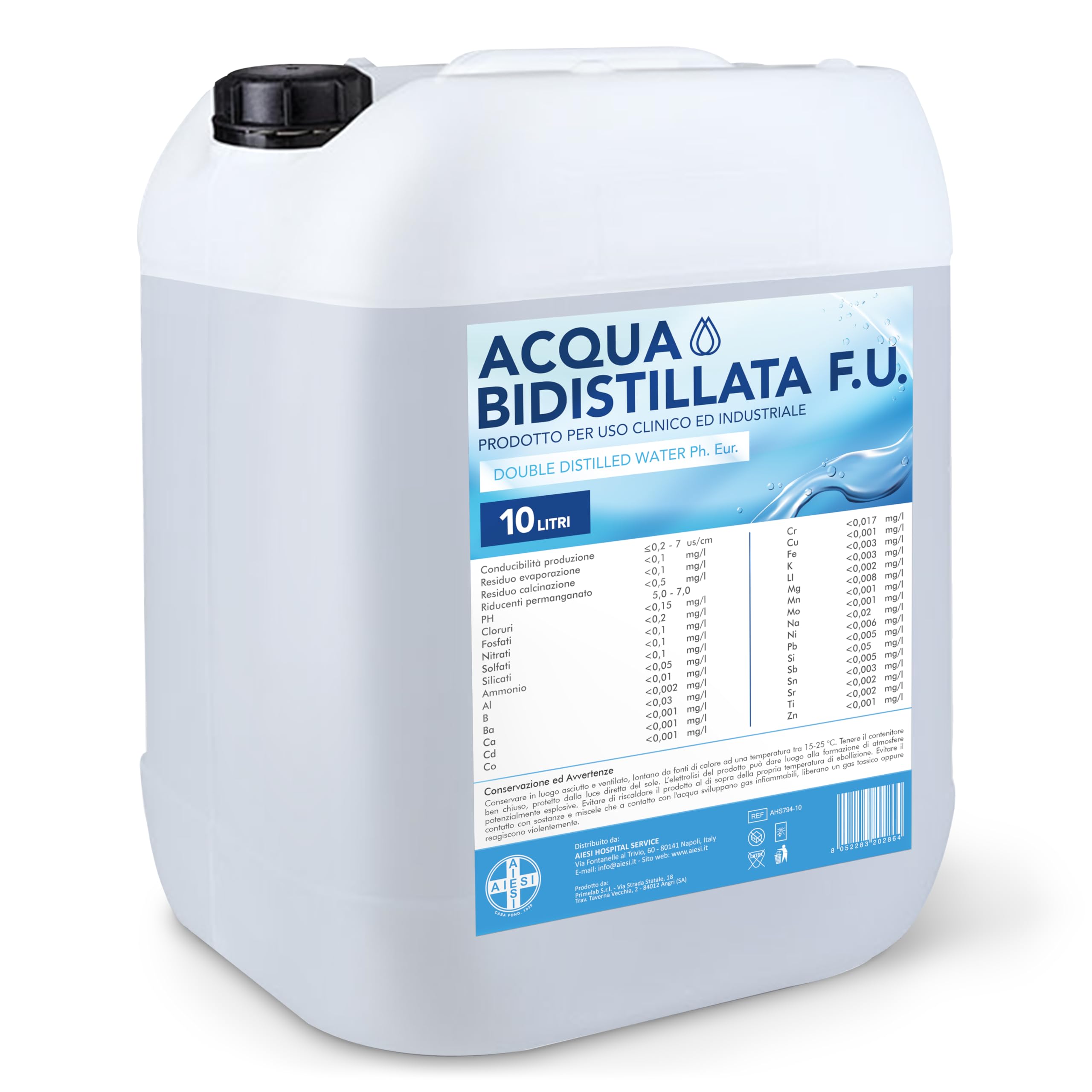 AIESI® Acqua Bidistillata F.U. pura (10 litri) per uso clinico ed industriale, Distillata due volte, Demineralizzata, Made in Italy