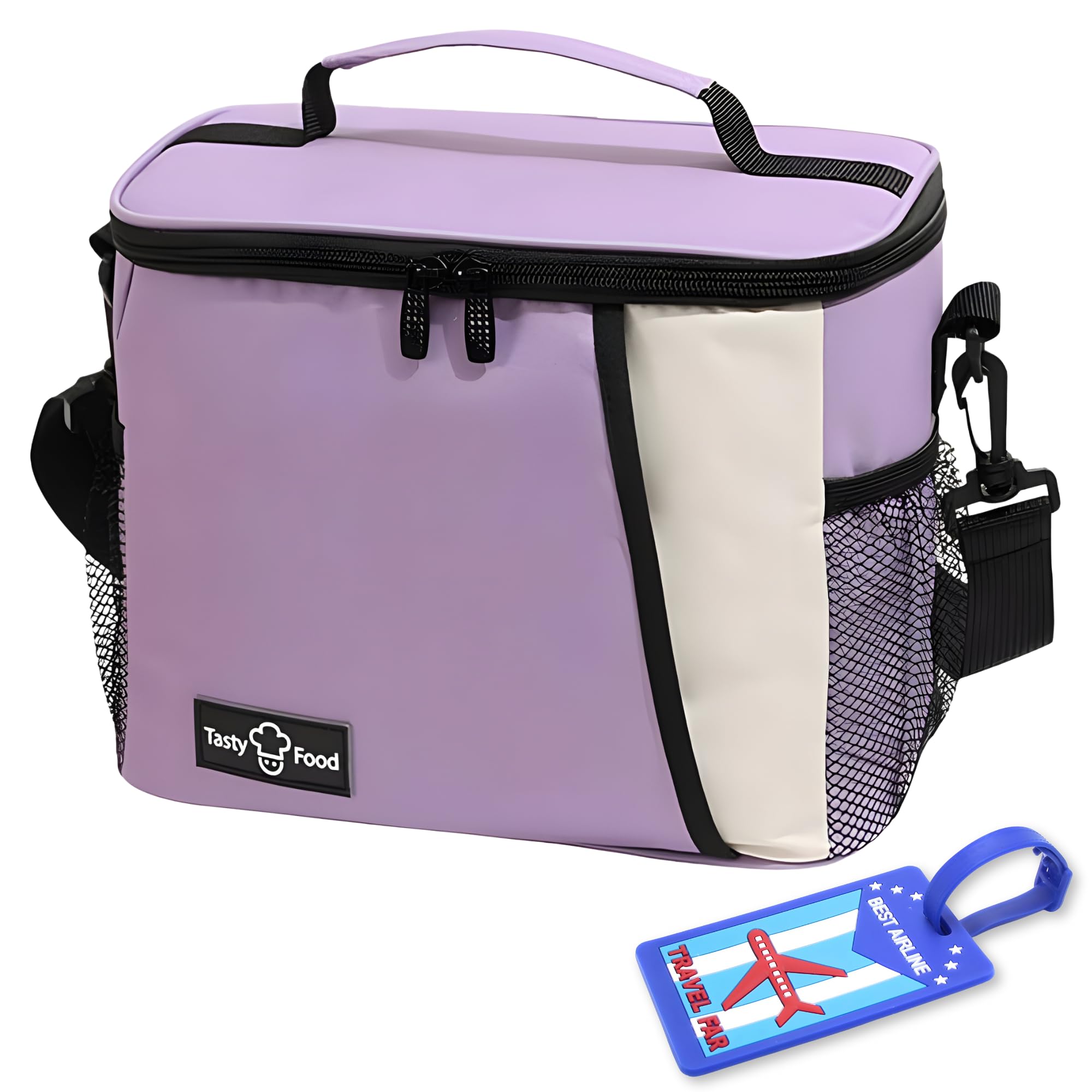OCEANEVO Insulated Lunch Bag with Luggage Tag, Tiffin Bag for Office with Handle and Shoulder Strap for Men and Women - 25 x 17.5 x 20 Cm - Purple