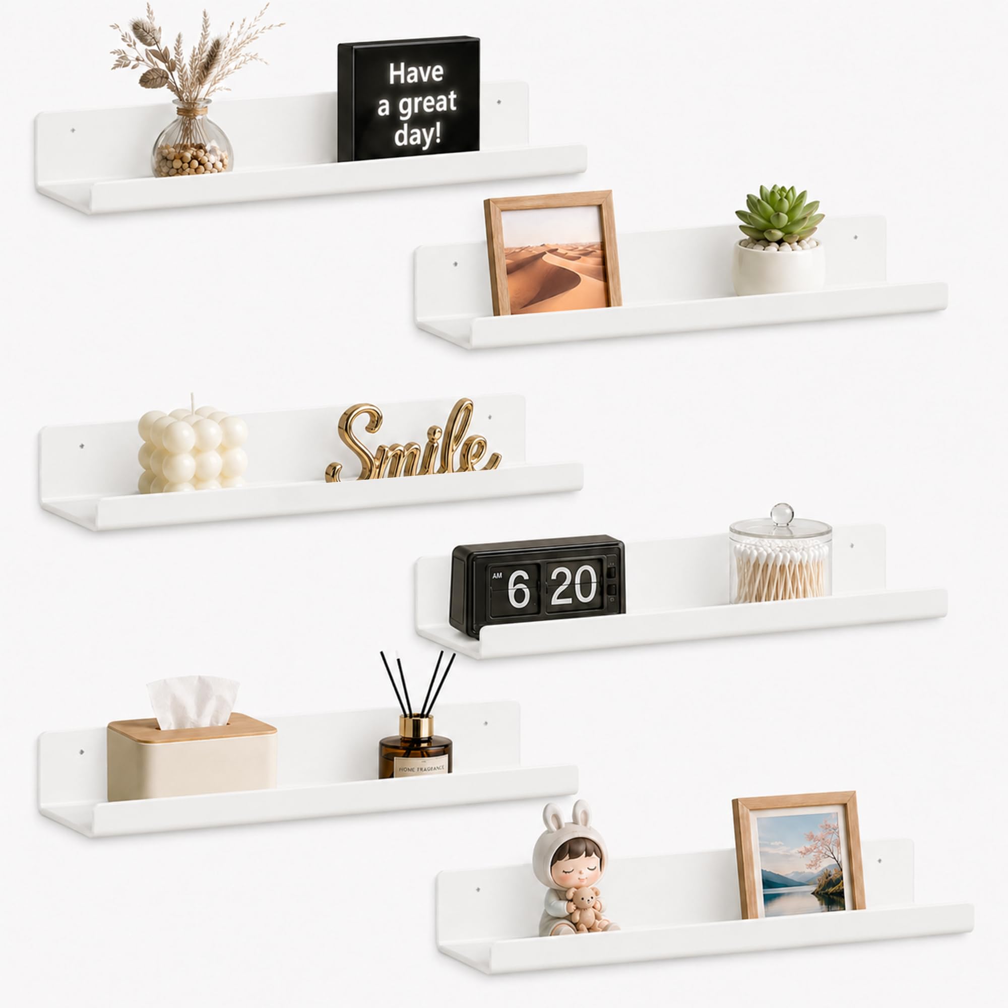 RICHER HOUSE 6 Pack White Acrylic Floating Shelves for Wall, 15"x4" No Drill Bathroom Shelf, Dual-Mount (Adhesive or Screws) for Vinyl Record,Cosmetics,Room Décor Shelves for Bedroom,Office,Kitchen