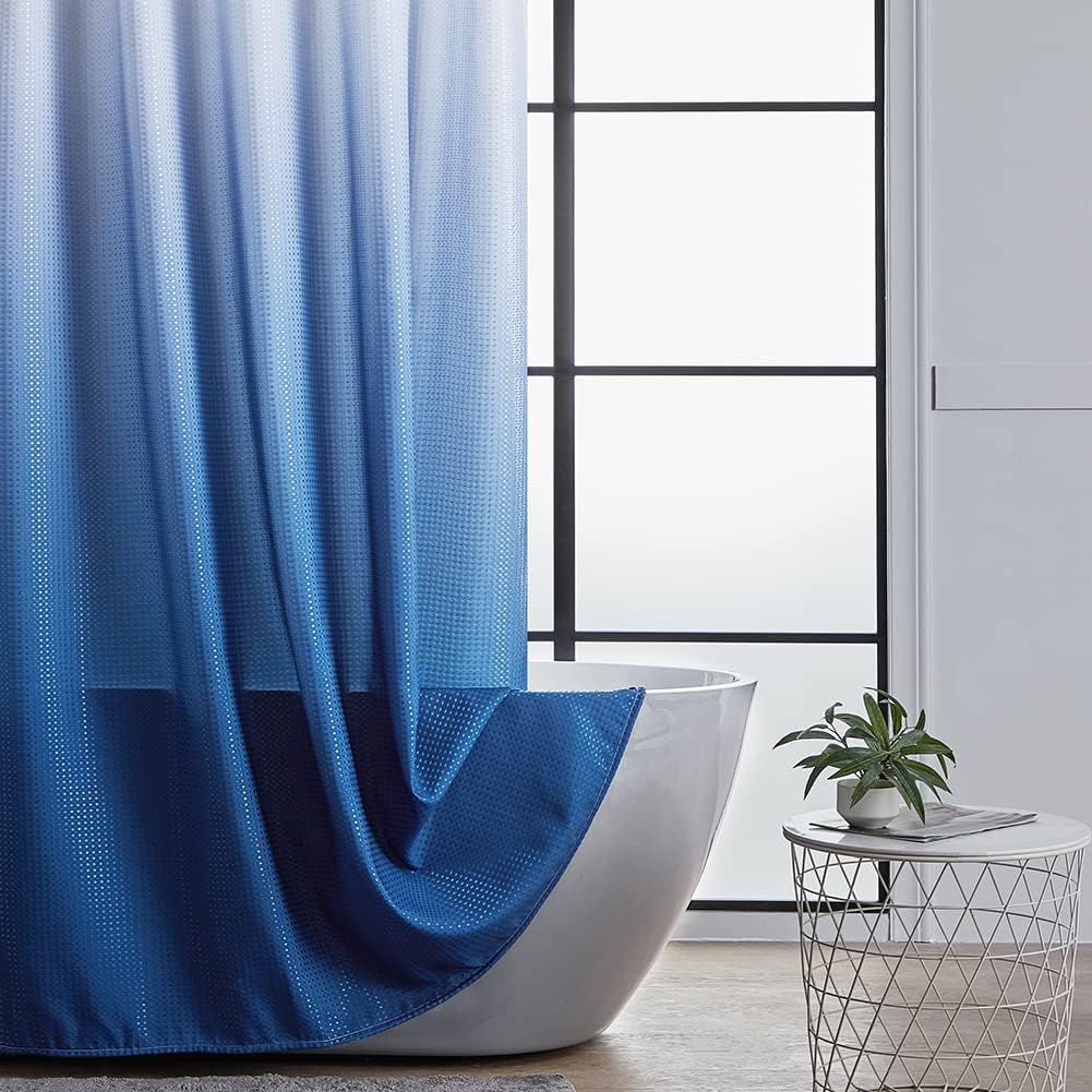 Furlinic Navy Blue Extra Wide 96 Inch Waffle Shower Curtain with Plastic Hooks,Heavy Duty OmbreTextured Fabric Shower Curtains for Bathroom,Hotel Quality Decorative,Wahsble & Waterproof 96x72 Inch