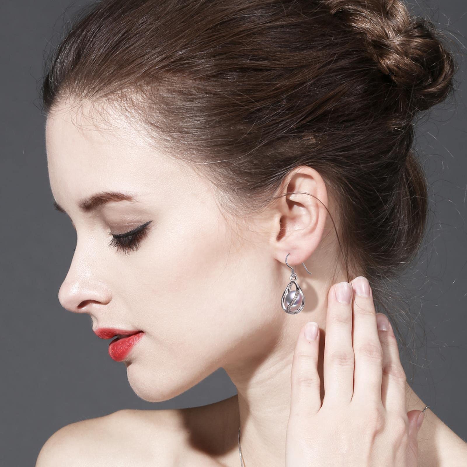 LOKILOKI Conjunto De Plata De Ley 925, Conjuntos De Joyas De Perlas De Agua Dulce para Mujer, Pendientes De Jaula, Conjunto De Collar, Anillo De Ajuste Vintage Hueco