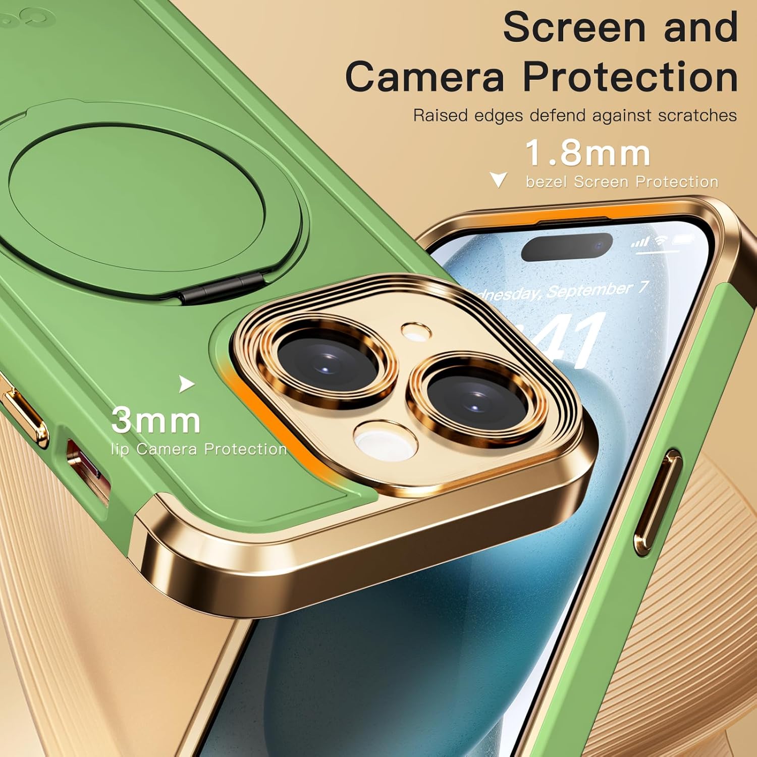 COOLQO for iPhone 14 Case 6.1'' Upgraded 360° Spin Magnetic Stand [Compatible with Magsafe][Military Grade Drop Protection] Shockproof Protective Phone Holder Cover for iPhone 14, Matcha Gold
