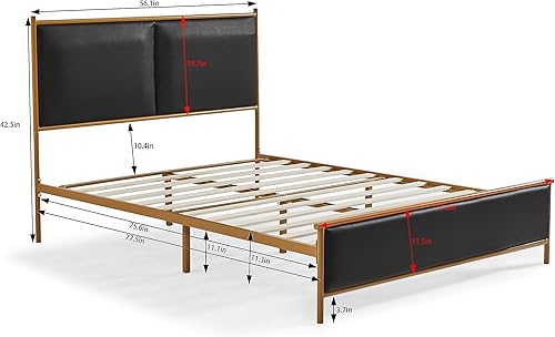 Miniatura 2 de Marco de cama de plataforma de metal, soporte de listones de madera, no necesita somier, fácil montaje, negro, tamaño matrimonial