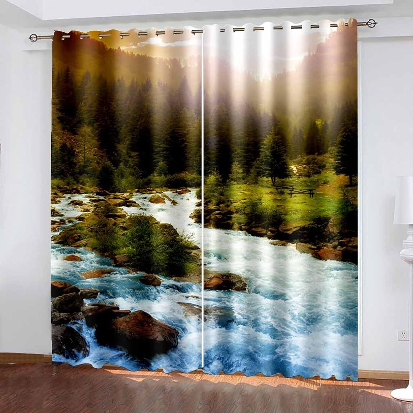 Nieprzezroczysta zasłona okienna, Vintage zasłony kuchenne zielony biały naturalny krajobraz górska rzeka poliester 2 panele 214x138cm