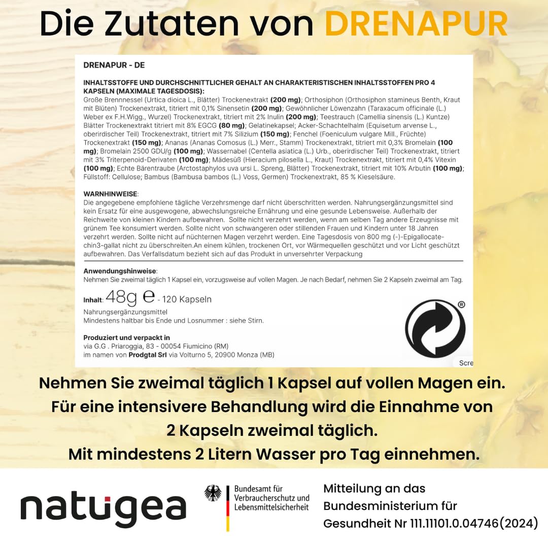 Drenapur – Nahrungsergänzungsmittel mit Bromelain aus Ananas, zur Unterstützung der Entwässerung des Körpers und der Mikrozirkulation, 2500 GDU, 120 Kapseln, Made in Italy