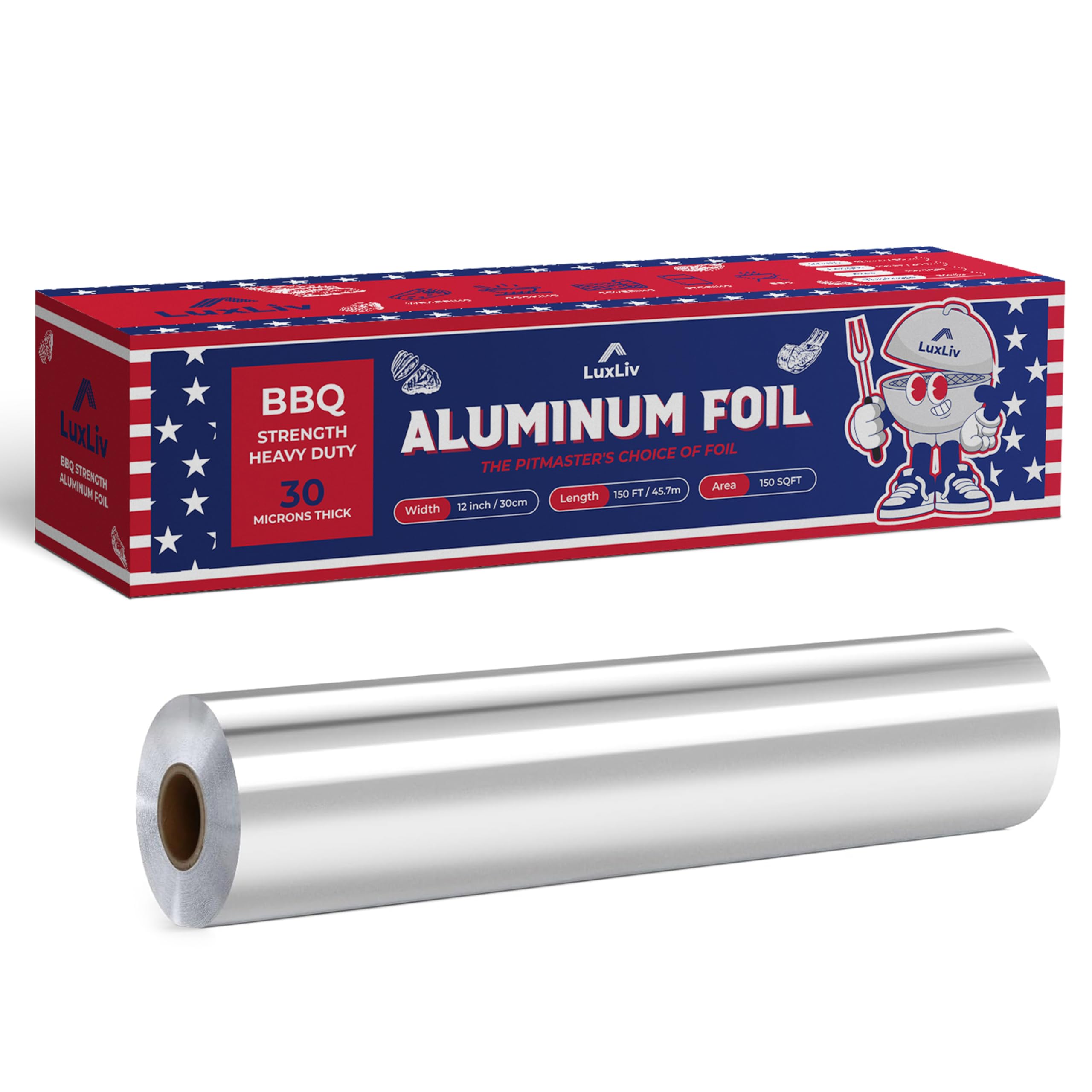 BBQ Aluminum Heavy Duty Tin Foil Roll – 12 inch wide x150ft ft Length,150 sq ft – BBQ Grade & Extra Thick, Strong Enough for Food Service Industry with cutter - LuxLiv®