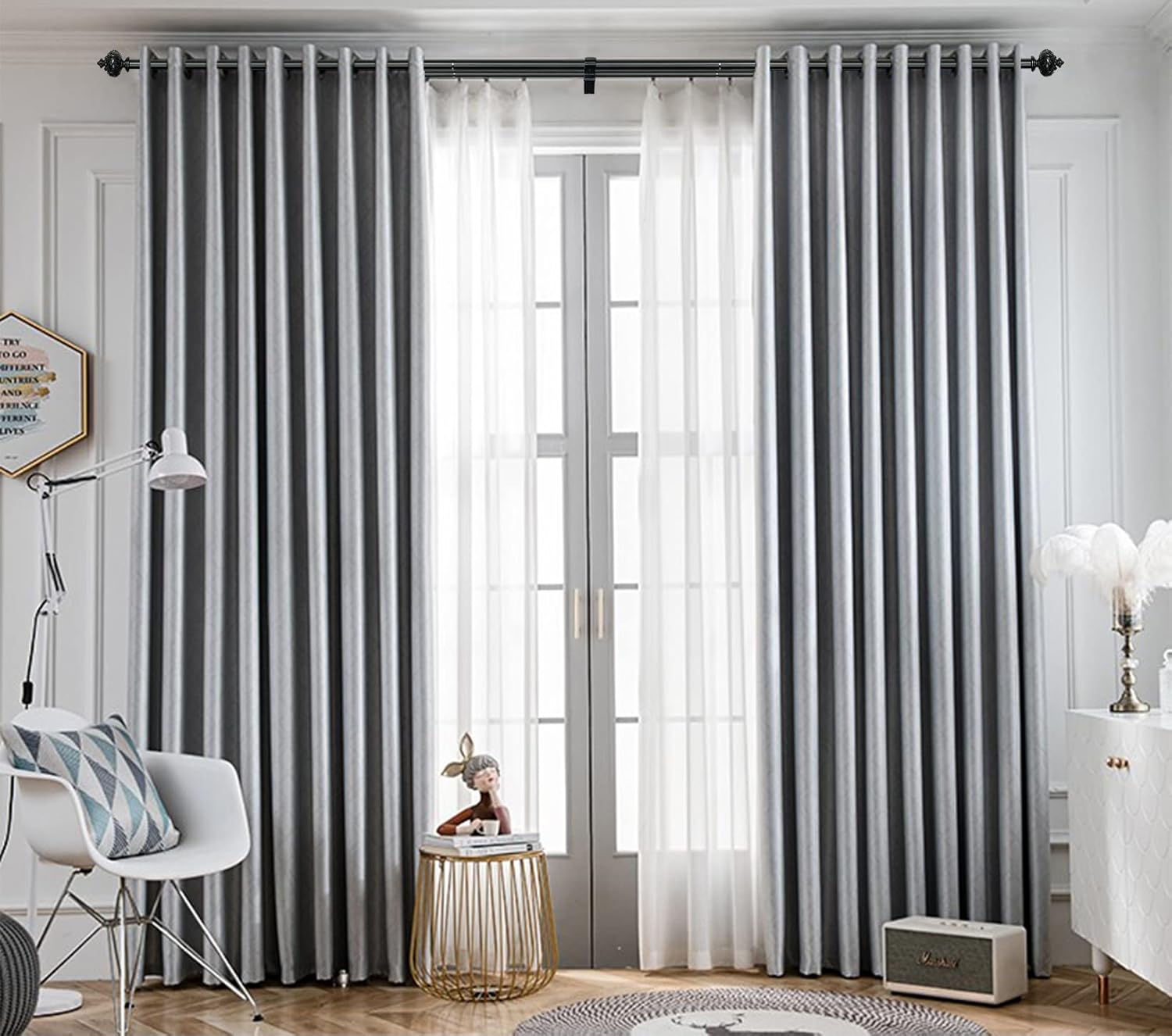 1" Double Curtain Rod with Albert Finials and holdbacks,Black gold,48‘’-84‘’