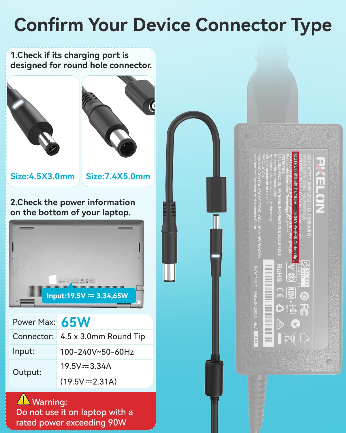 AKELON 65W/45W Ladegerät Für Dell Laptops – Kompatibel Mit Inspiron, Latitude, XPS (19,5V, 4,5x3,0mm)