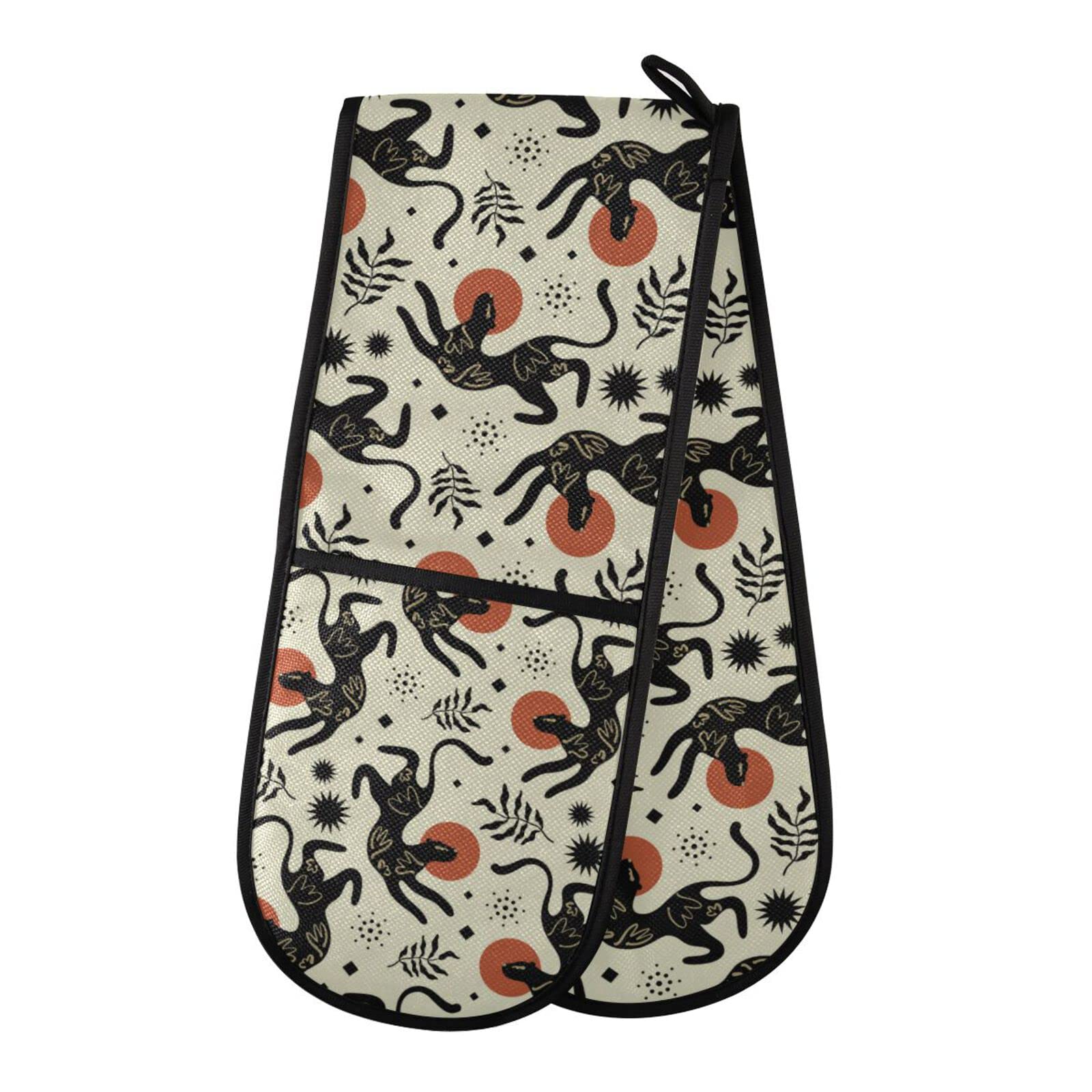 Double Oven Glove Ethnic Boho leopard Print Heat Resistant Double Ovens Mitt Modern Cooking Gloves Potholders