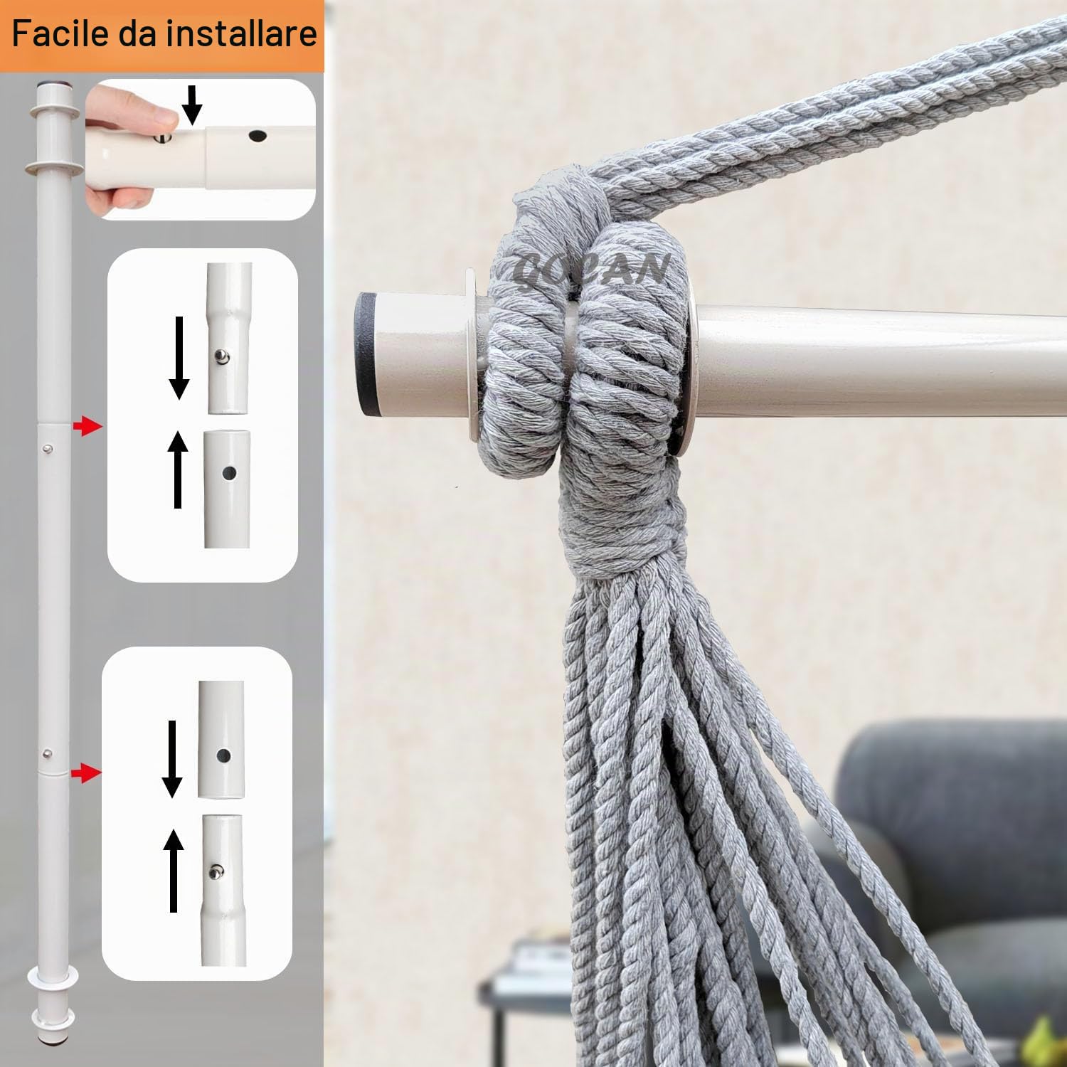 GOCAN Amaca sedia altalena – 110 x 150 cm, carico 150 kg, cotone con barra in metallo, ampia seduta (grigio)