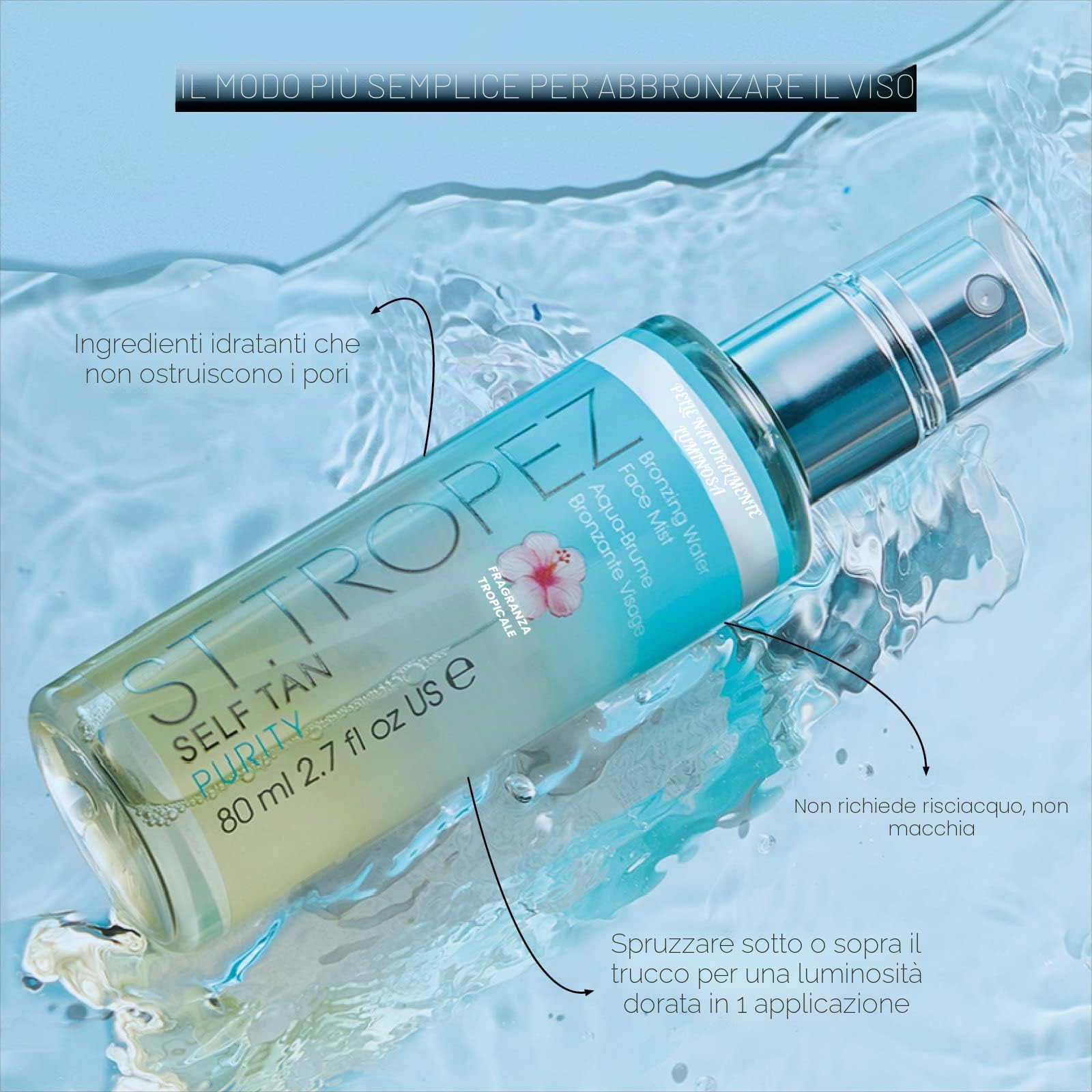 St.Tropez Spray abbronzante Self Tan Purity Water, ipoallergenico, confezione da 1, tutto (1 x 80 ml), tonico per il viso