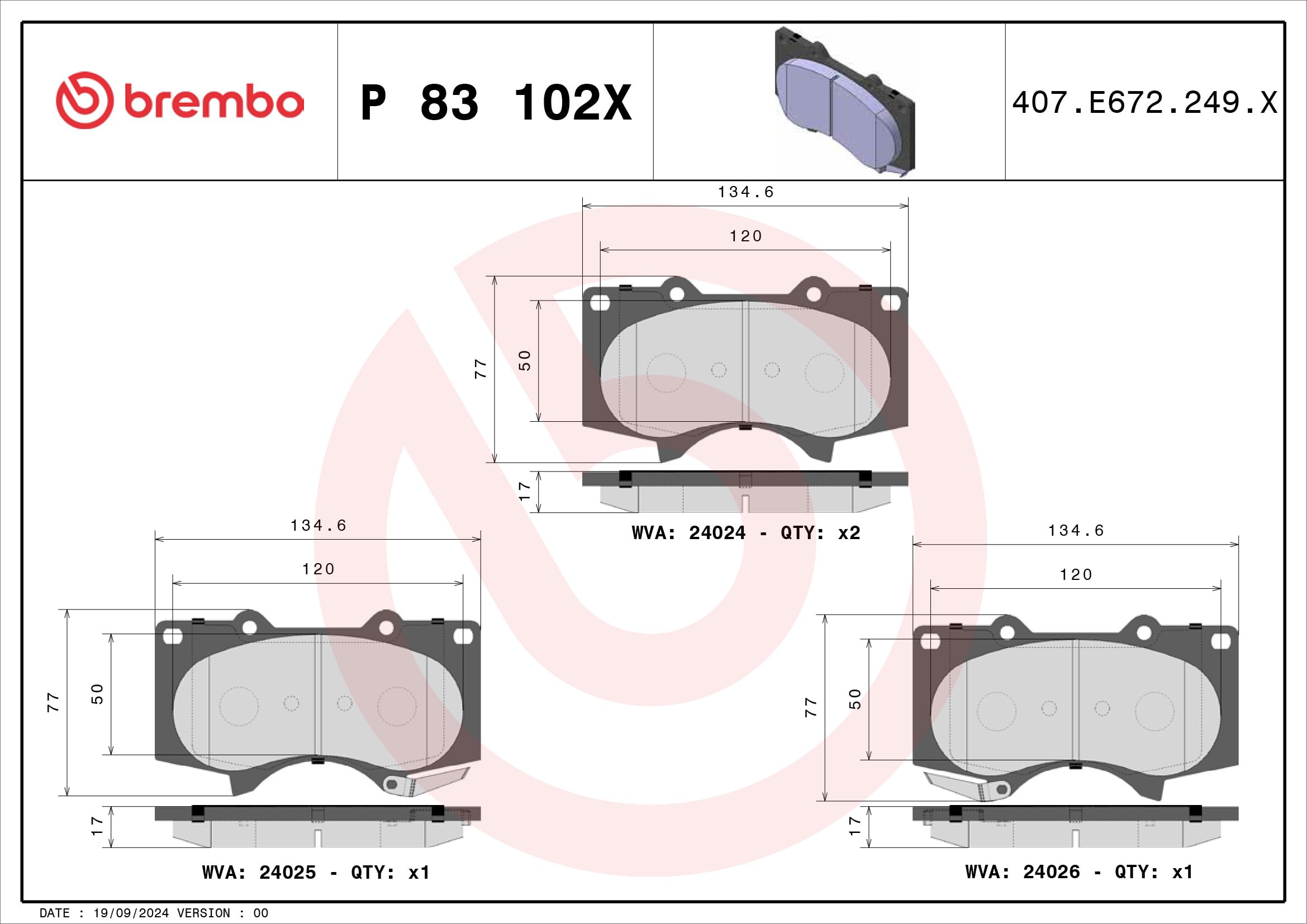 Brembo - Xtra - P 83 102X - Pastiglia Freno - Anteriore, set di 4