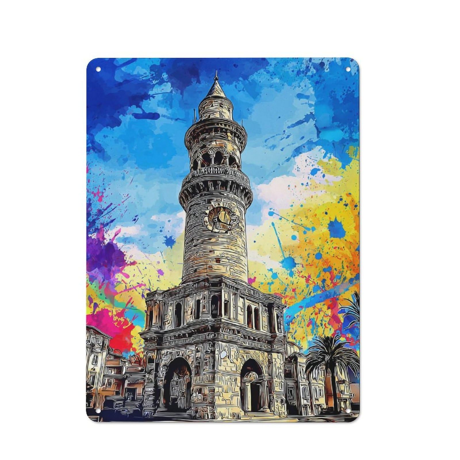 Junmoney Colorful Clock Tower Illustration Retro Metal Sign 40X30cm, Distressed Look Retro Room Decor For Living Room, Hallway, Kitchen Or Cafe