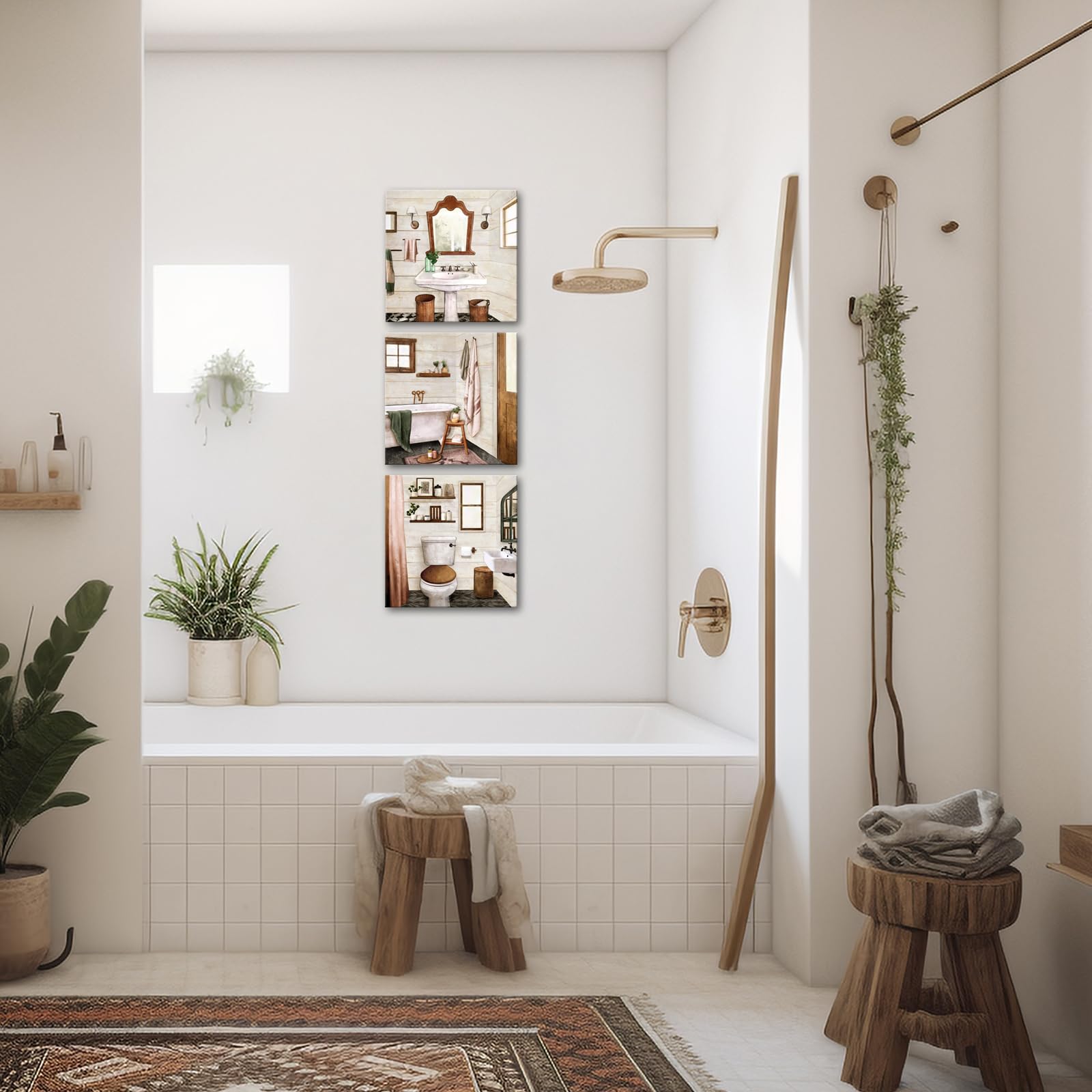 DuoBaorom 3 Pieces Rustic Bathroom Canvas Wall Art Bath Tub Toilet Sink Bath Sets Still Life Picture for Home Decor Ready to Hang 12x12inchx3pcs (Beige)