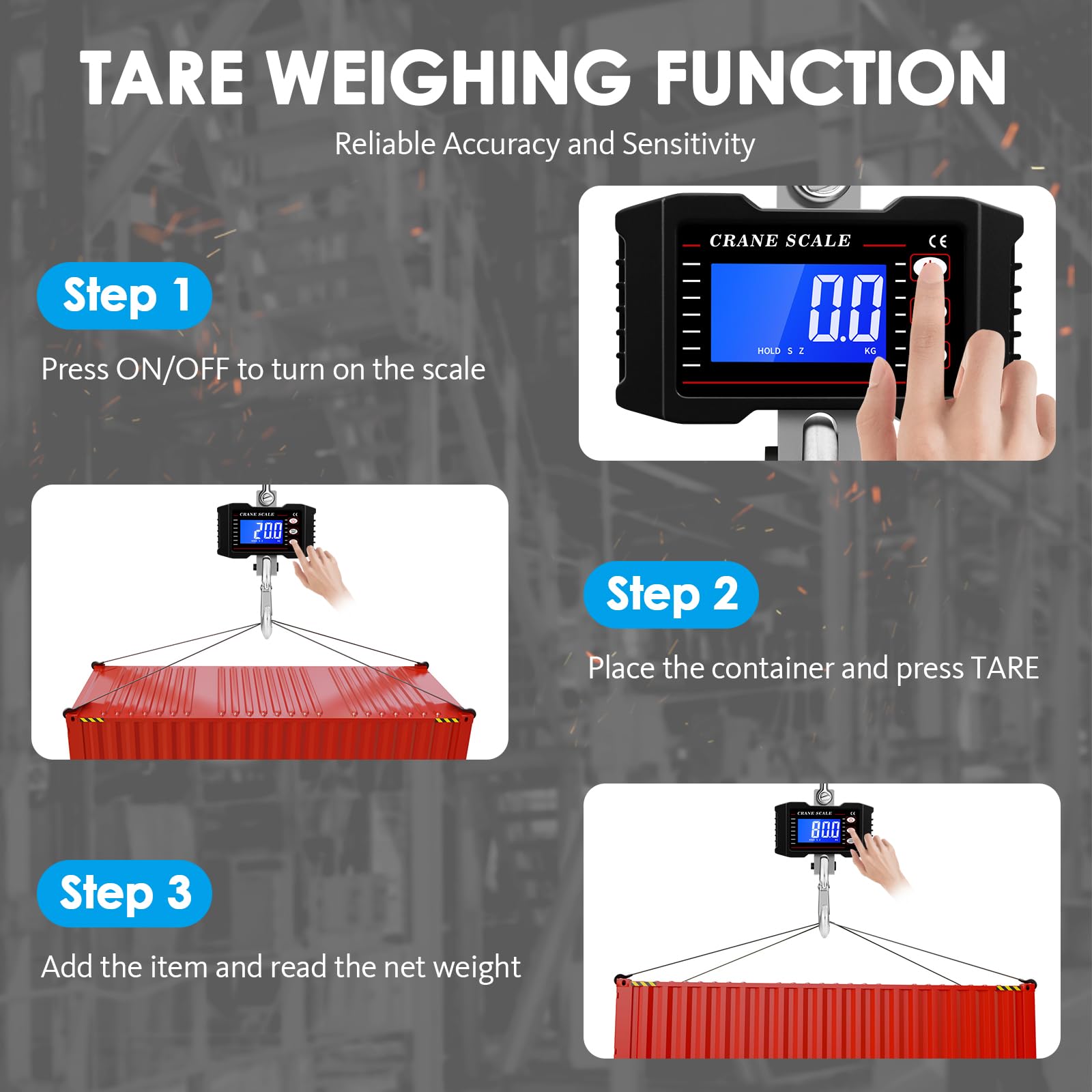 Digitale Kranwaage 2200 Lbs 1000KG LCD Hochpräziser Sensor Datenhalte Tara Einheitenumschaltung