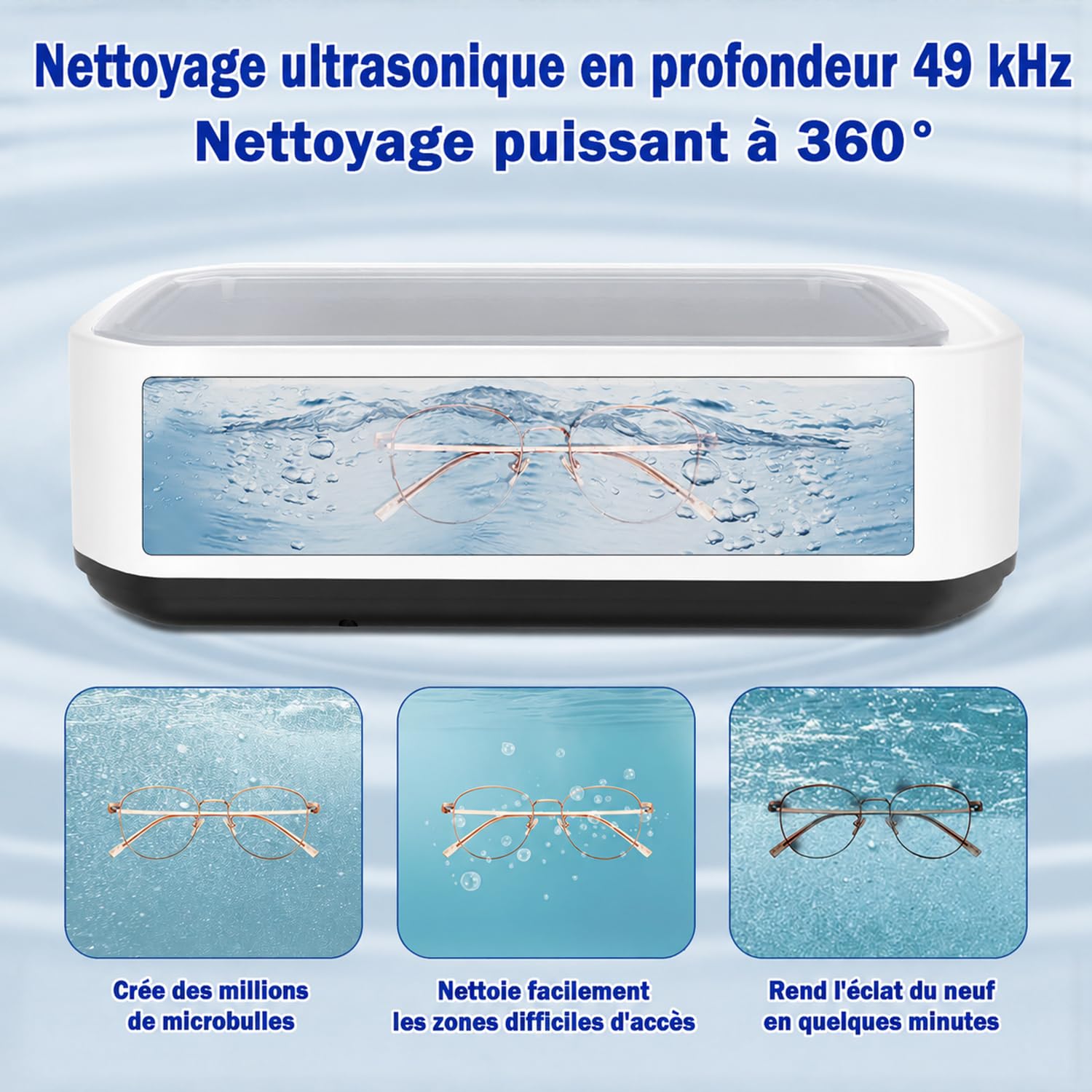 Nettoyeur ultrasons 650 ml pour lunettes, bijoux, gouttières | Nettoyage puissant à 49 kHz,5 minuteries,650 ml,inox 304 pour lunettes,bijoux et gouttières