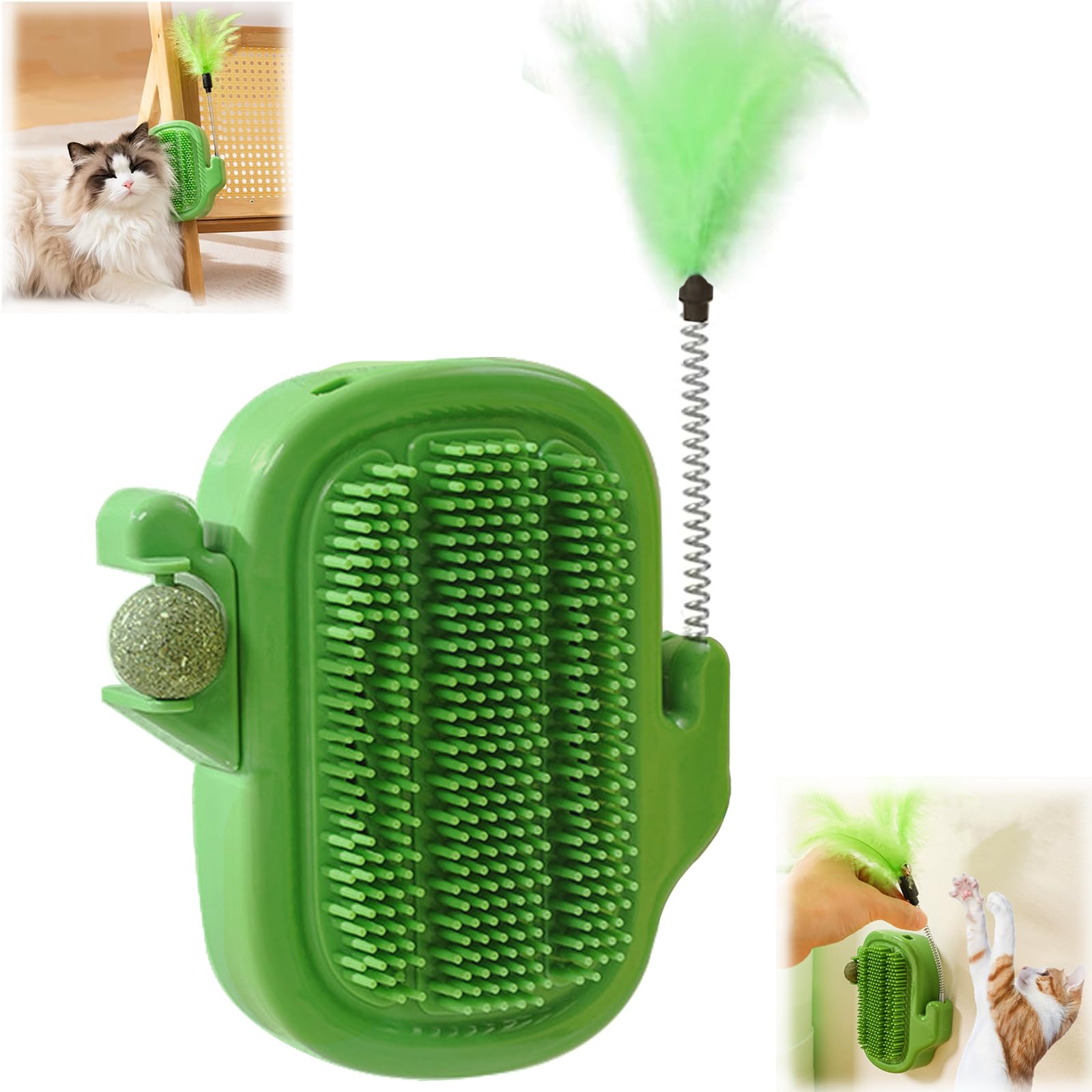 Agamino 3 in 1 Cat Self Groomer Brush, Cactus Style Wall Corner Massage Comb Scratcher with Feather Toys & Catnip Ball for Indoor Cats, Pet Tickling Artifact, Cat Face Scratchers for Fur Pets