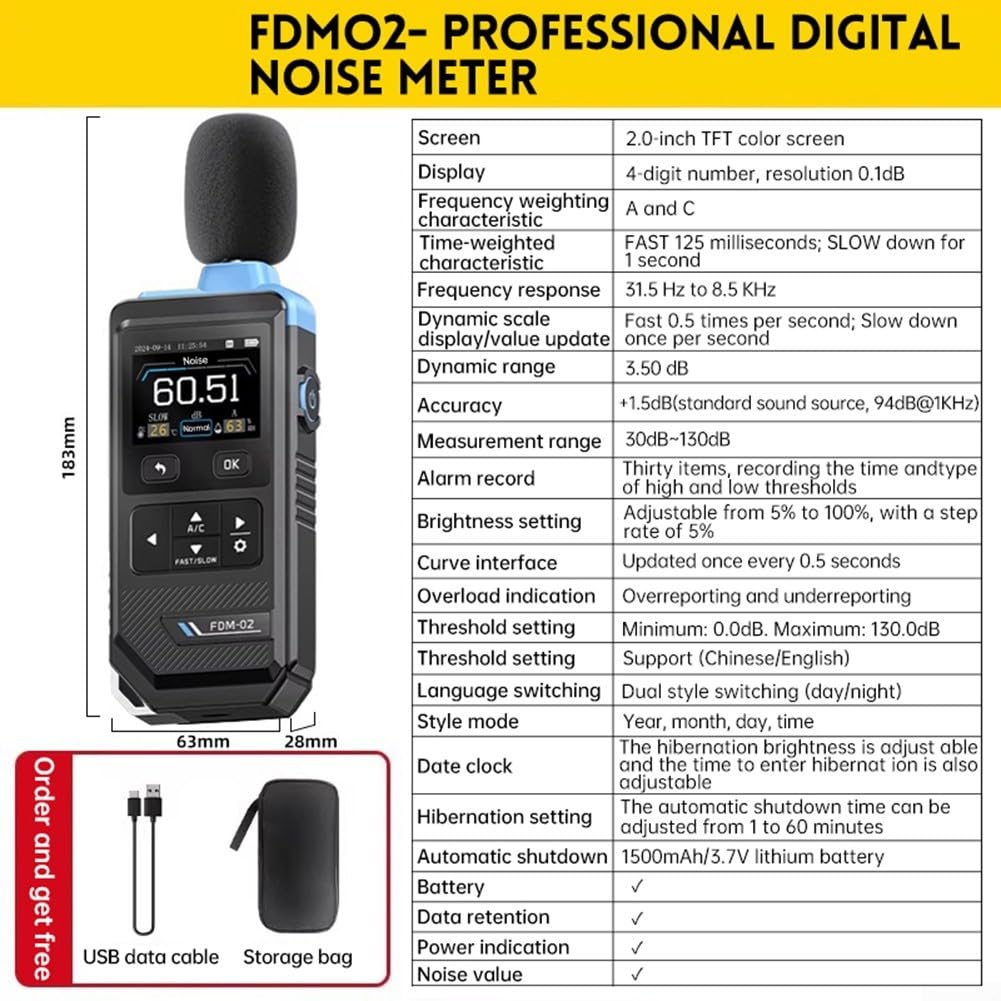 Medidor de nivel de ruido de mano 30-130dB precisión ±1.5dB - Probador de sonido digital con registro de alarma para obras de construcción