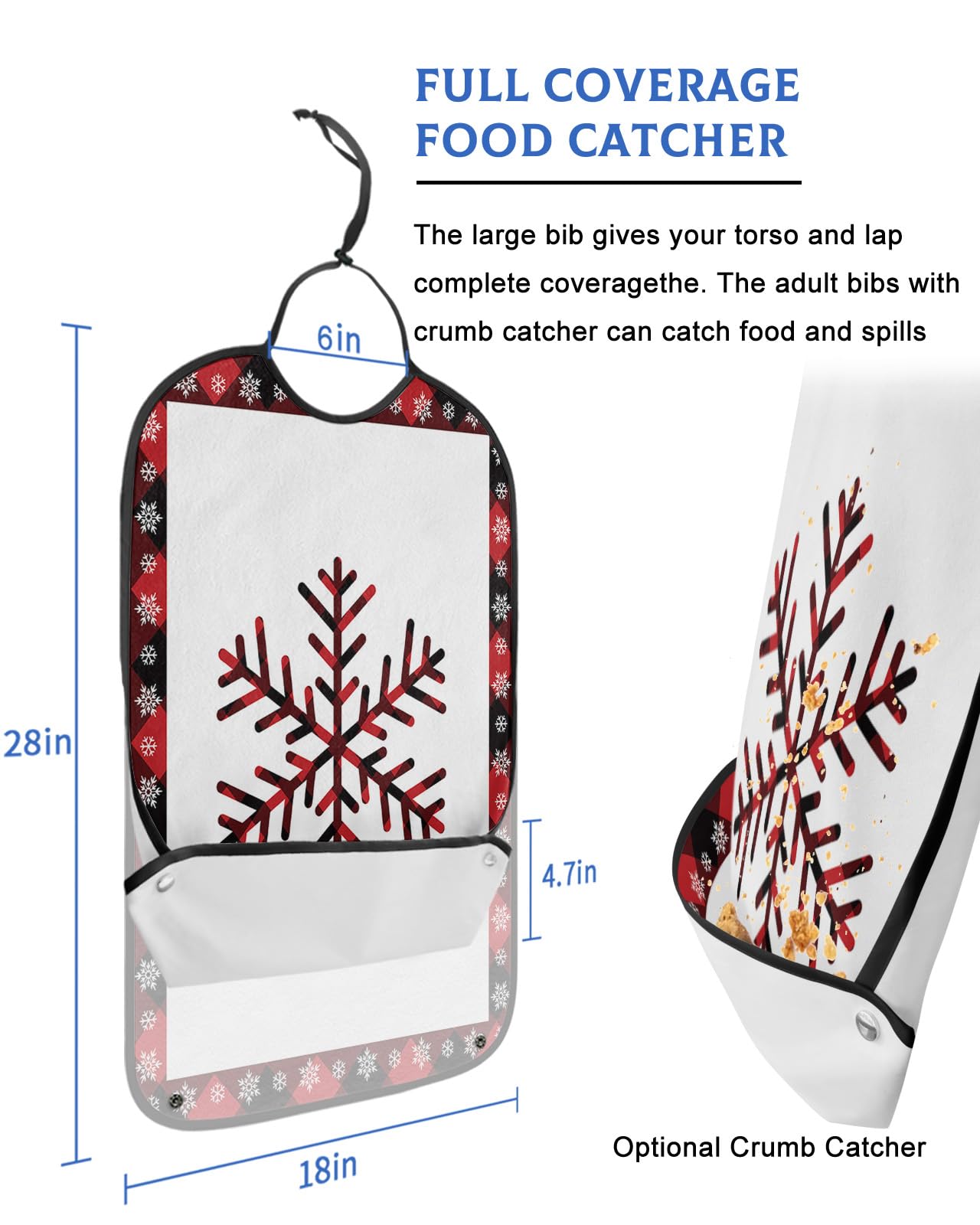 Christmas Snowflake Adult Bibs for Eating, Waterproof Bibs with Food Catcher & Adjustable Snap Closure, Red Black Plaid Winter Snowflake Washable Clothing Protectors Adult Bibs for Elderly Women/Men