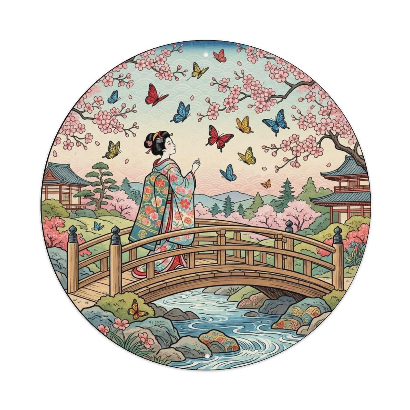 Yrnq 8X8inch Vintage Style Japanese Kimono Lady Butterfly Garden Classic Imagery Metal Tin Sign