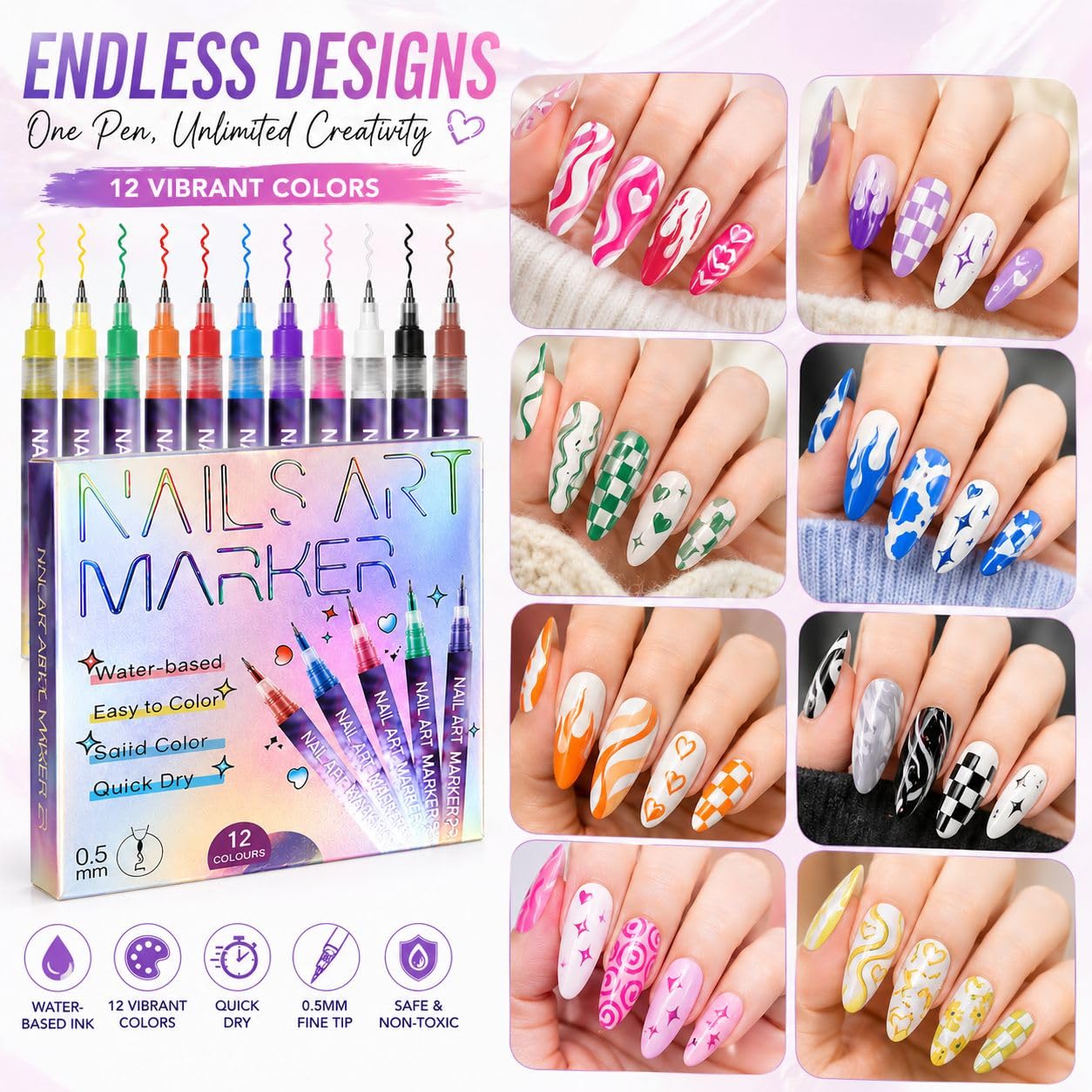 Pack of 2 Nail Art Pens 24 for Painting Nails Quick Dry Nail Polish Pens Set for Kids & Teens Precision Nail Art Markers for DIY Designs Professional Nail Polish Pen Kit for Beauty Tool & Accessories